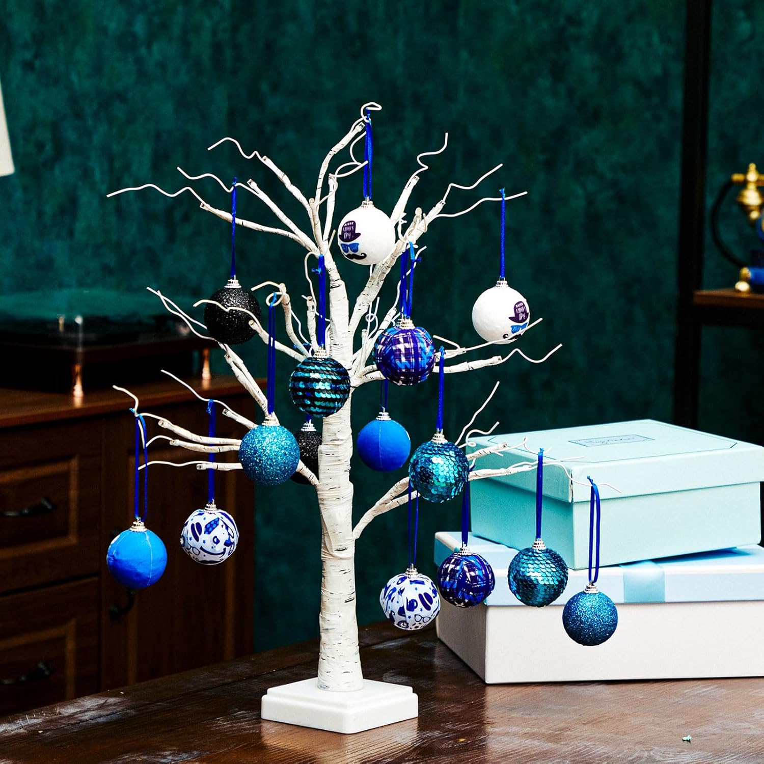 MiniInflat 24 Pcs 2 Inch Tree Ornaments Bulk Sequin Hanging Ball Special Day Decorations Cloth Pendants Flower Ornaments for Birthday Party Indoor Outdoor Decor(Blue,Fathers Day)