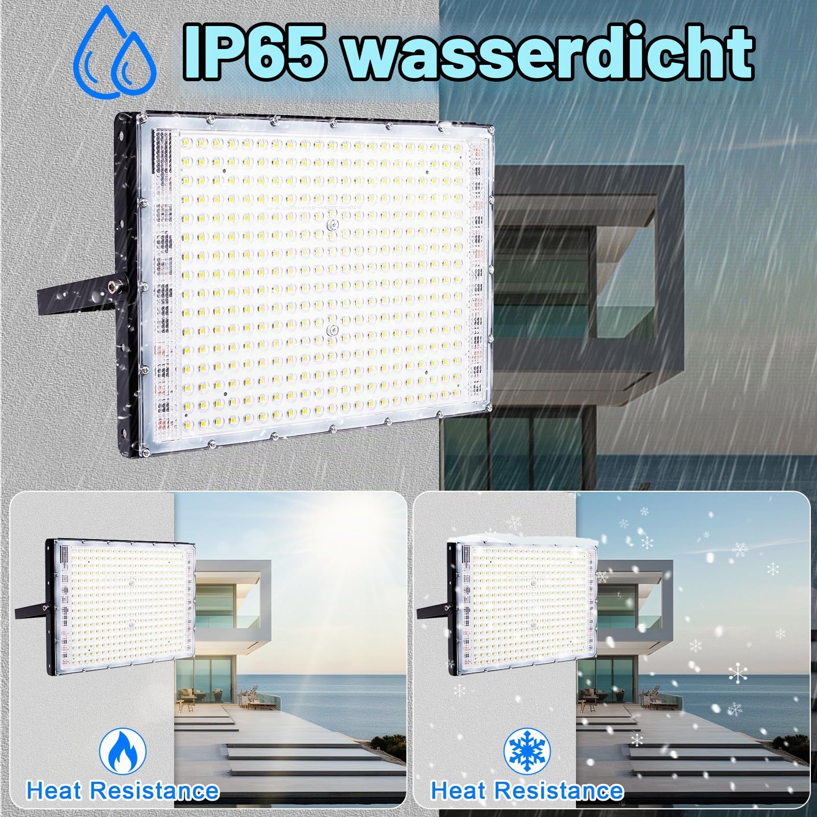 300W LED Strahler Außen Kaltweiß,2 Stück Superhell LED Strahler Mit Stecker, 6500K Kaltweiß, 30000LM, IP65 Wasserdicht Außenstrahler für Garten Sportplatz Garage Hof [Energieklasse E]