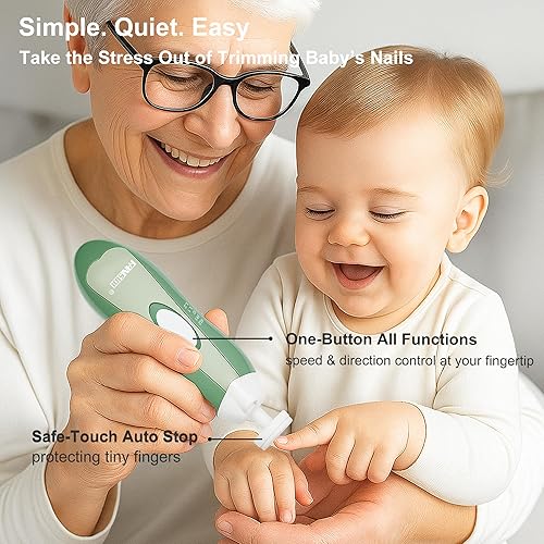 Miniatura 4 de Fansidi Cortador de uñas eléctrico para bebé, verde serenidad limitada, lima de uñas eléctrica suave para bebé, 10 cabezales de pulido + 8