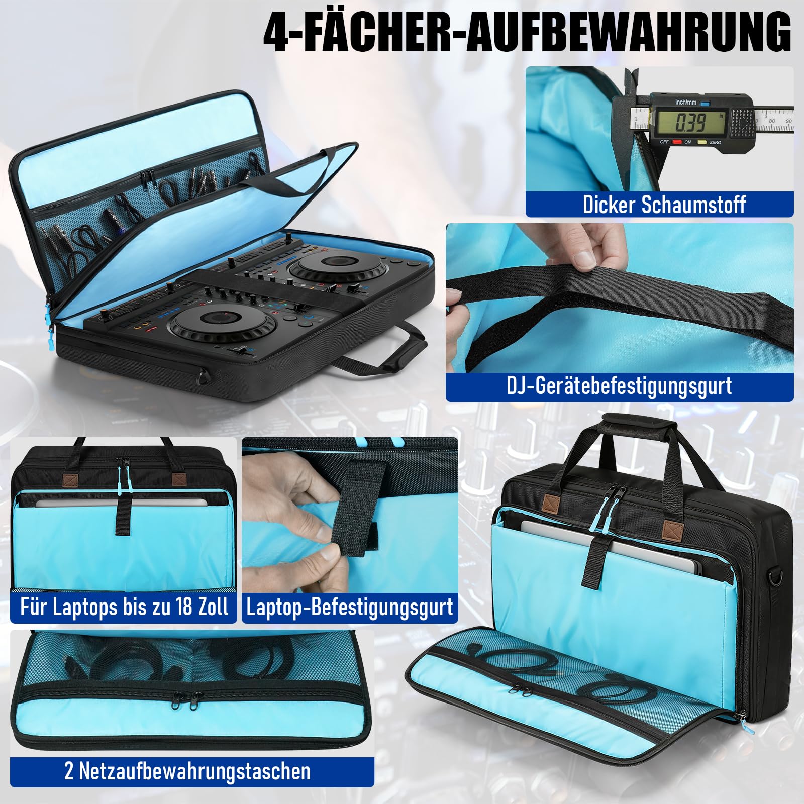 SUNDOY Custodia per DJ compatibile con controller Pioneer/Numark/Hercules – Custodia per il trasporto antiurto con tracolla e scomparti per accessori, Nero, 73x41x15-CM, Tessuto impermeabile