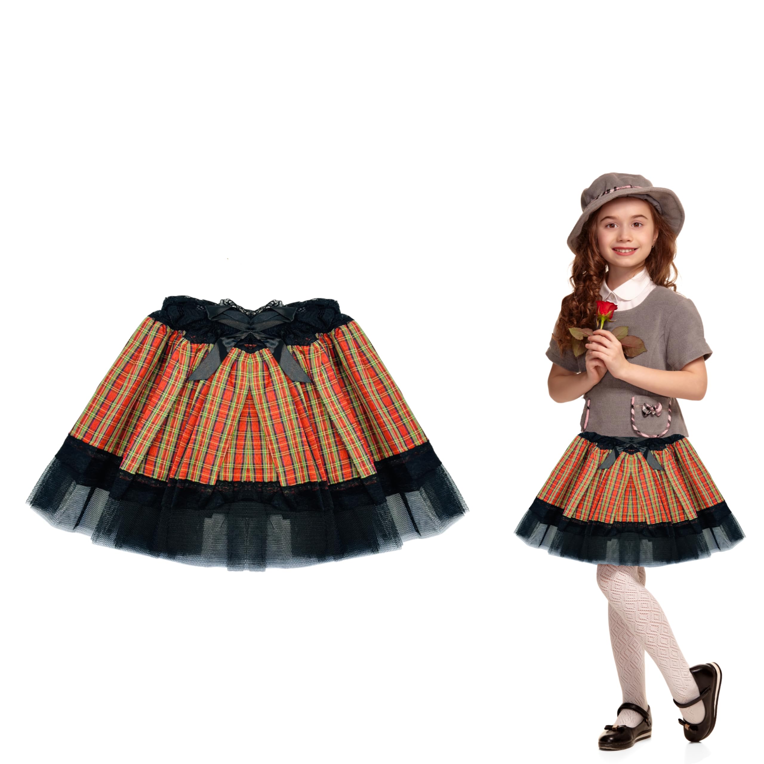 Lizzy Girls Red Kids Tartan Tutu With Lace Trimming & Satin Bow | 12" Length Tartan Pleated Tutu Skirt Scotland Scottish Goth Punk Mini Burns Night Fancy Dress Outfit Accessories
