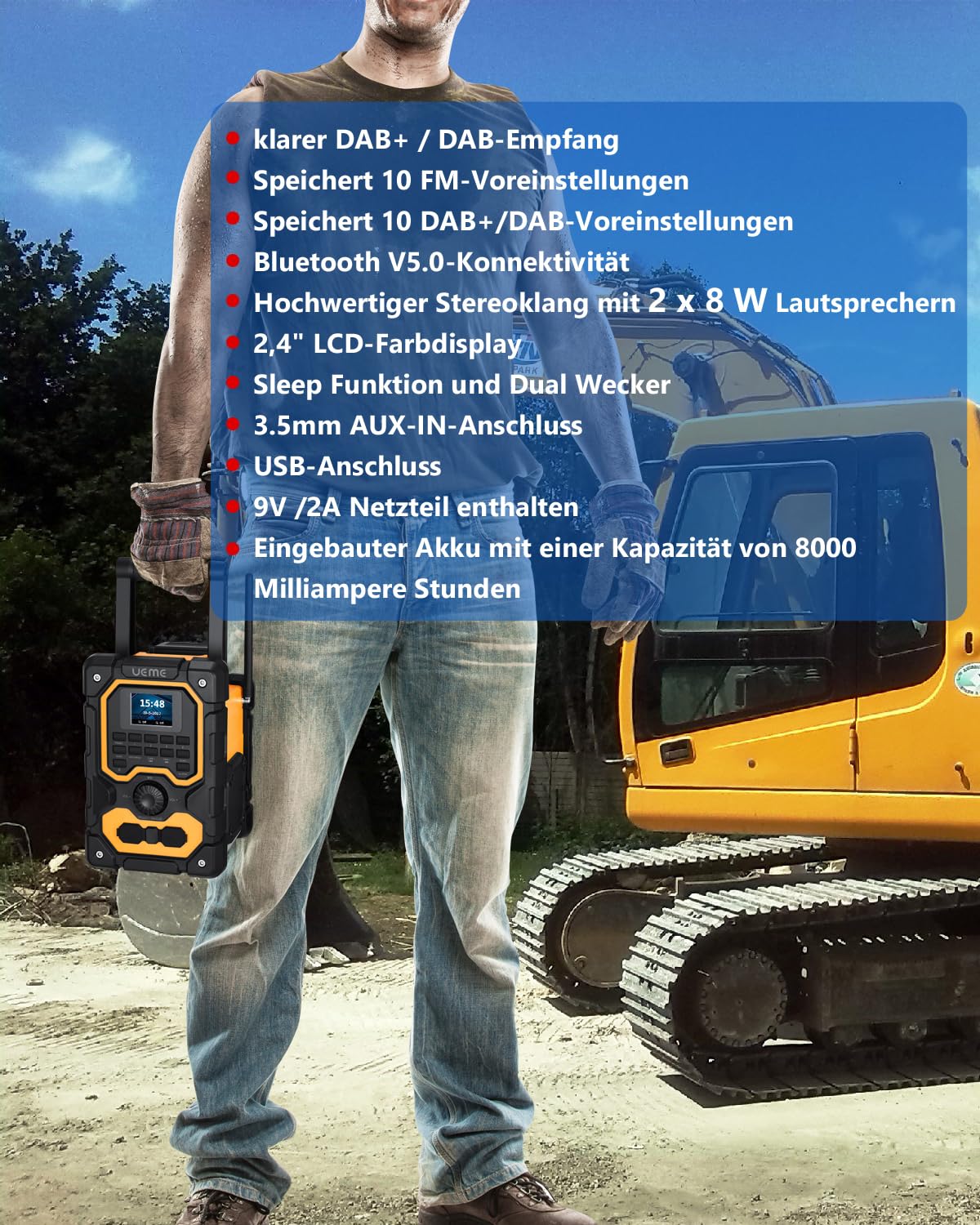 Baustellenradio Robustes DAB+ FM Radio mit Bluetooth 5.0, 16W Stereo-Lautsprecher, 8000mAh Akku bis 18h Spielzeit, USB Handy-Ladeanschluss, Aux Anschluss, Spritzwassergeschützt & Staubdicht(Gelb)