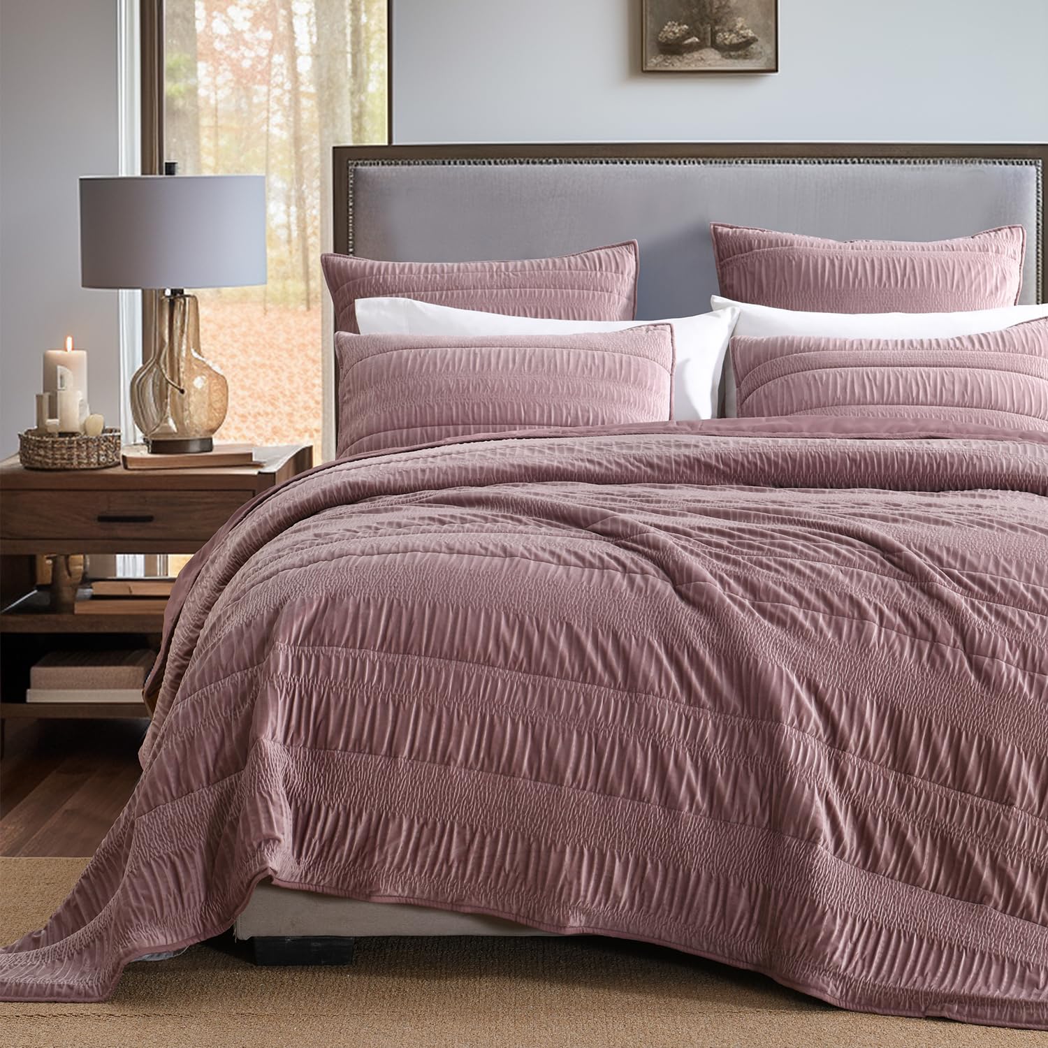 HORIMOTE HOME Luxury Velvet King Size Quilt Set, Soft & Stylish Velvet Bedding Set Crinkle Ruched Lightweight Comforter Bedspread Coverlet King Size with 2 Shams for All Season, Mauve Pink