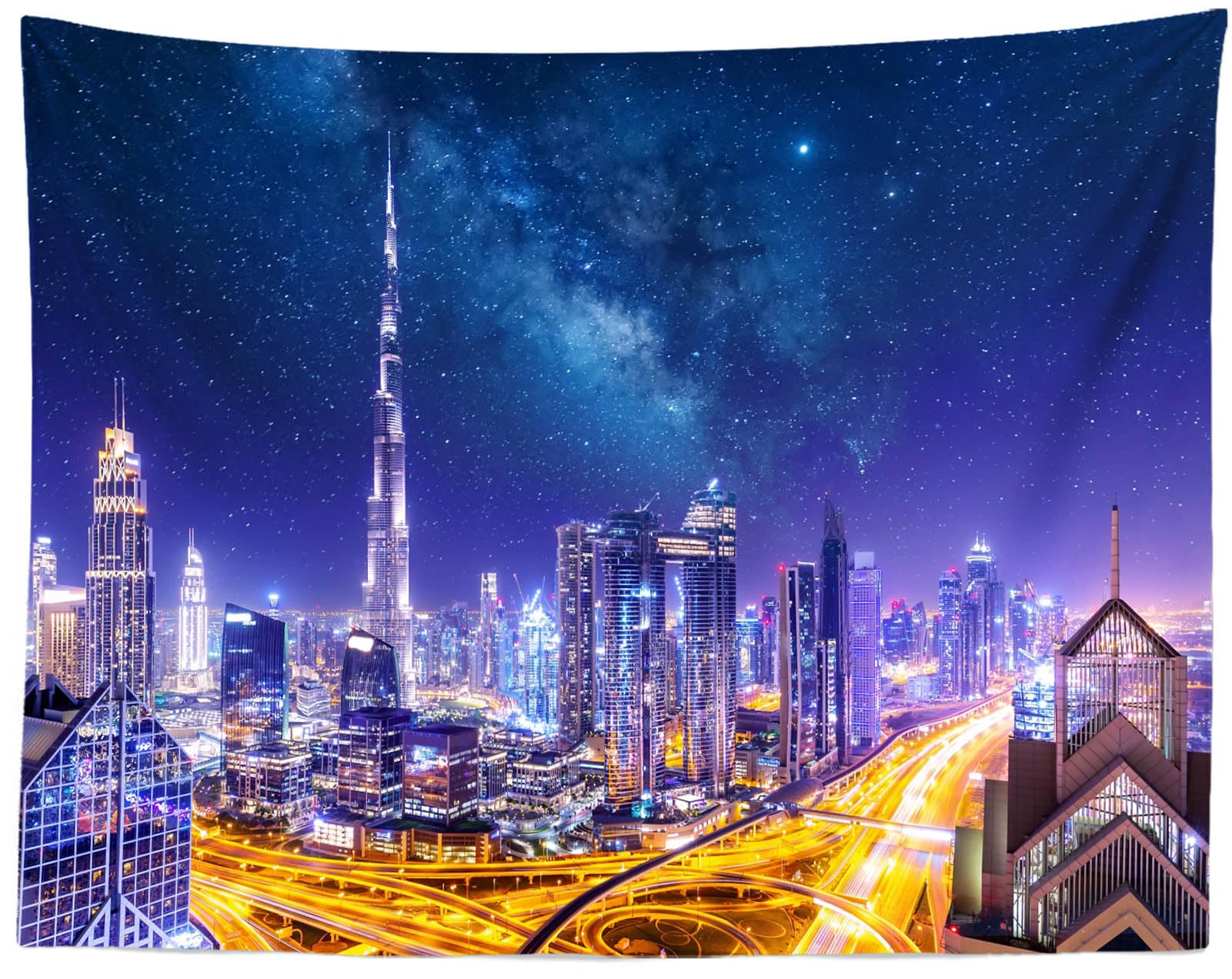 Loccor Dubai Skyscrapers Tapestry Dubai City Center Skyline Burj Khalifa Skyscrapers Stars Sky and Milky Way Tapestry Wall Hanging for Home Bedroom