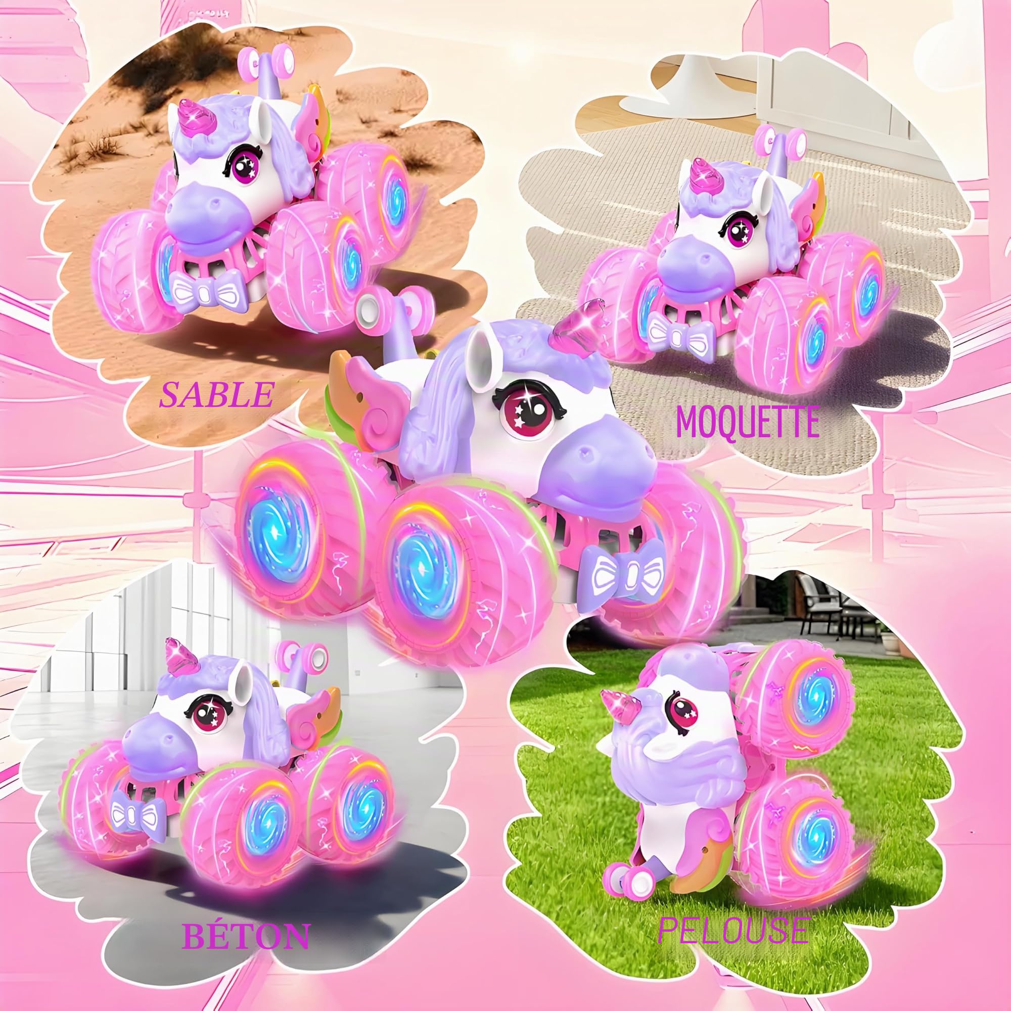 Voiture Télécommandée Licorne pour Fille, Voiture de Cascade Rotative à 360° avec LED, 2.4 GHz RC Cadeaux de Noël Originaux Anniversaire Jouet Enfant 3 Ans+ pour Intérieur et Extérieur
