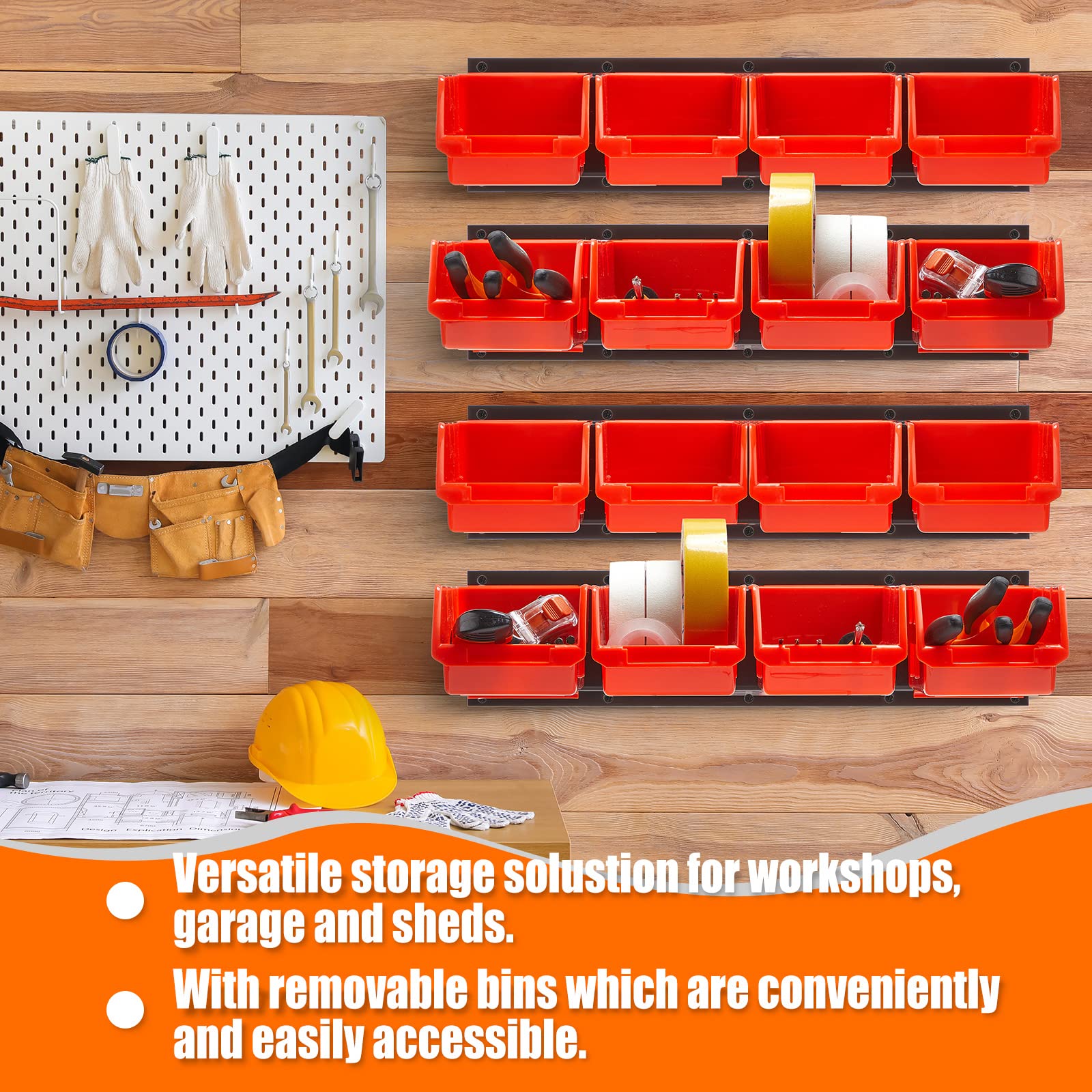 16 Pcs Plastic Wall Mounted Storage Bins (6.3inch x 3.2inch x 4inch) Hanging Stackable Storage with 4 Pieces Horizontal Shelf Trays Screw Organizers and Storage Bins Tool Organizers for Men Tools Gift
