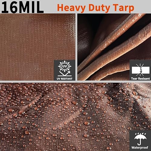 Miniatura 2 de WUPUSDER Lonas resistentes al agua, lonas de polietileno de 16 mil de 12 x 12 pies, lona multiusos marrón con ojales de metal, refuerzo de bordes,