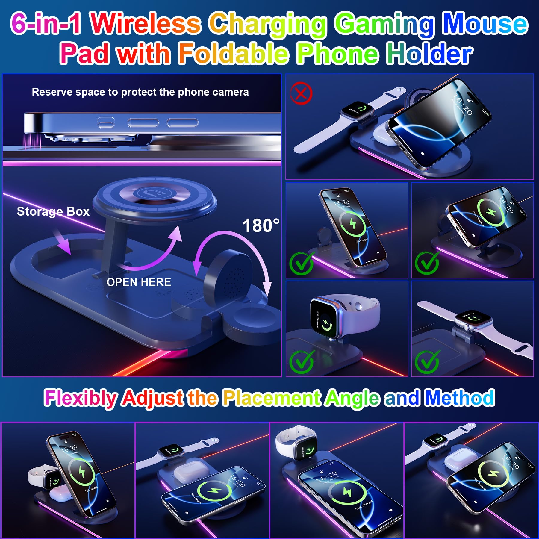 HAUTOCO Tappetino per mouse con ricarica wireless, 15 W, RGB, tappetino per mouse da gioco, impermeabile, con supporto per telefono, 89 x 30 cm, extra large, base antiscivolo, tappetino per tastiera