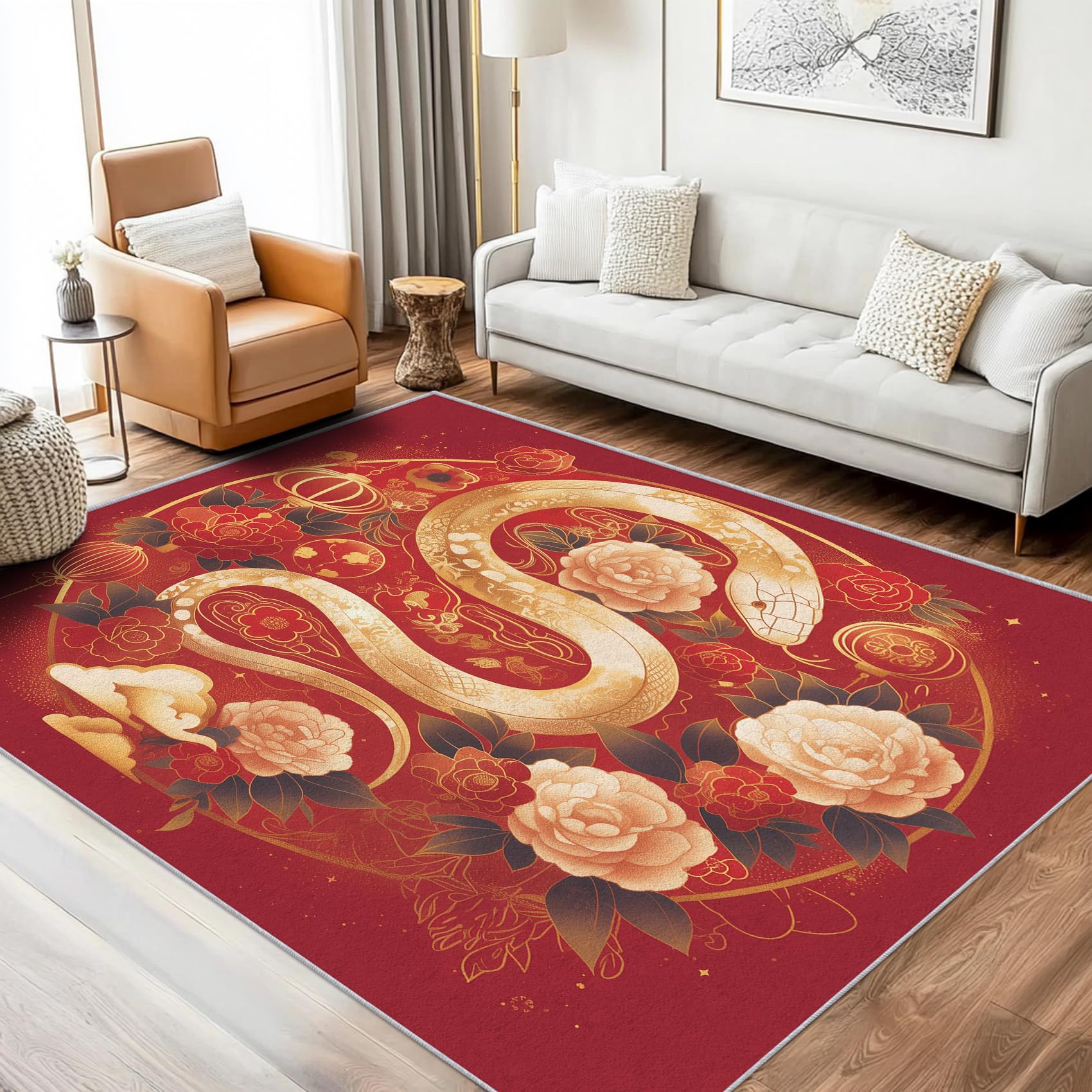 ZDABAOEC Chinese Rugs for Living Room - Snake Floral Rugs for Living Room, Bedroom, Japanese Carpet, Washable Non Slip Large Rug, Soft Low Pile Patterned Area Rug & Home Decor & Gifts, 200 x 290cm