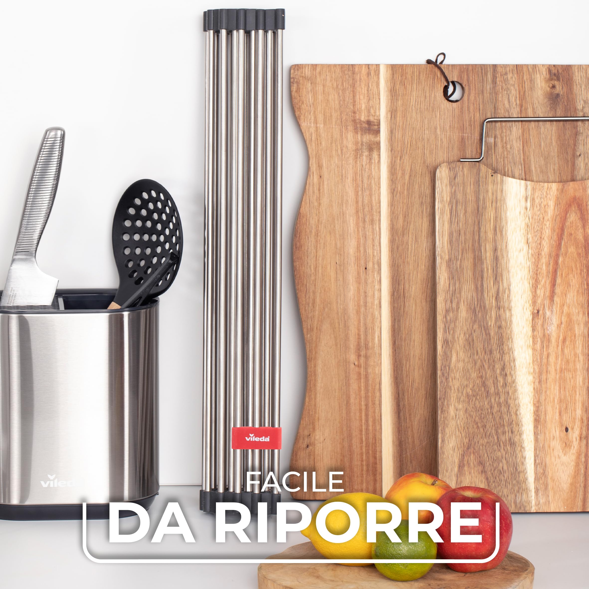 Vileda Scolapiatti Arrotolabile per Lavello 45x40cm in Acciaio Inox e TPE - 24 Barre, arrotolabile - Scolapiatti e Coprilavello - Scolapiatti Pieghevole - Griglia per Lavandino Cucina