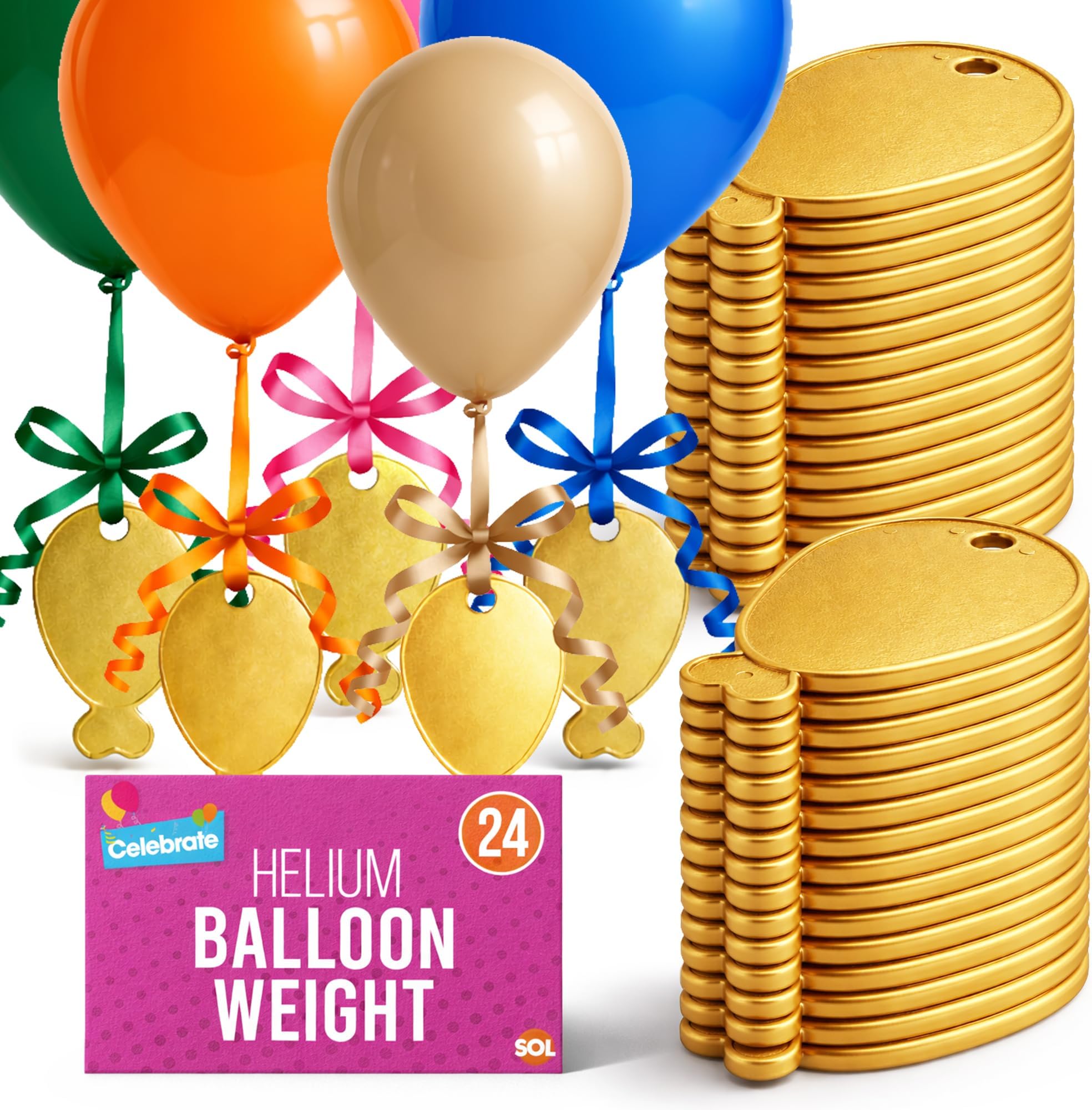 SOL 24pk Helium Balloon Weights and Ribbon - Gold Balloon Weights Plastic | Weights for Balloons with Ribbon - 24 Gold Plastic Balloon Weights for Birthdays, Weddings, Parties & Celebrations 205g each