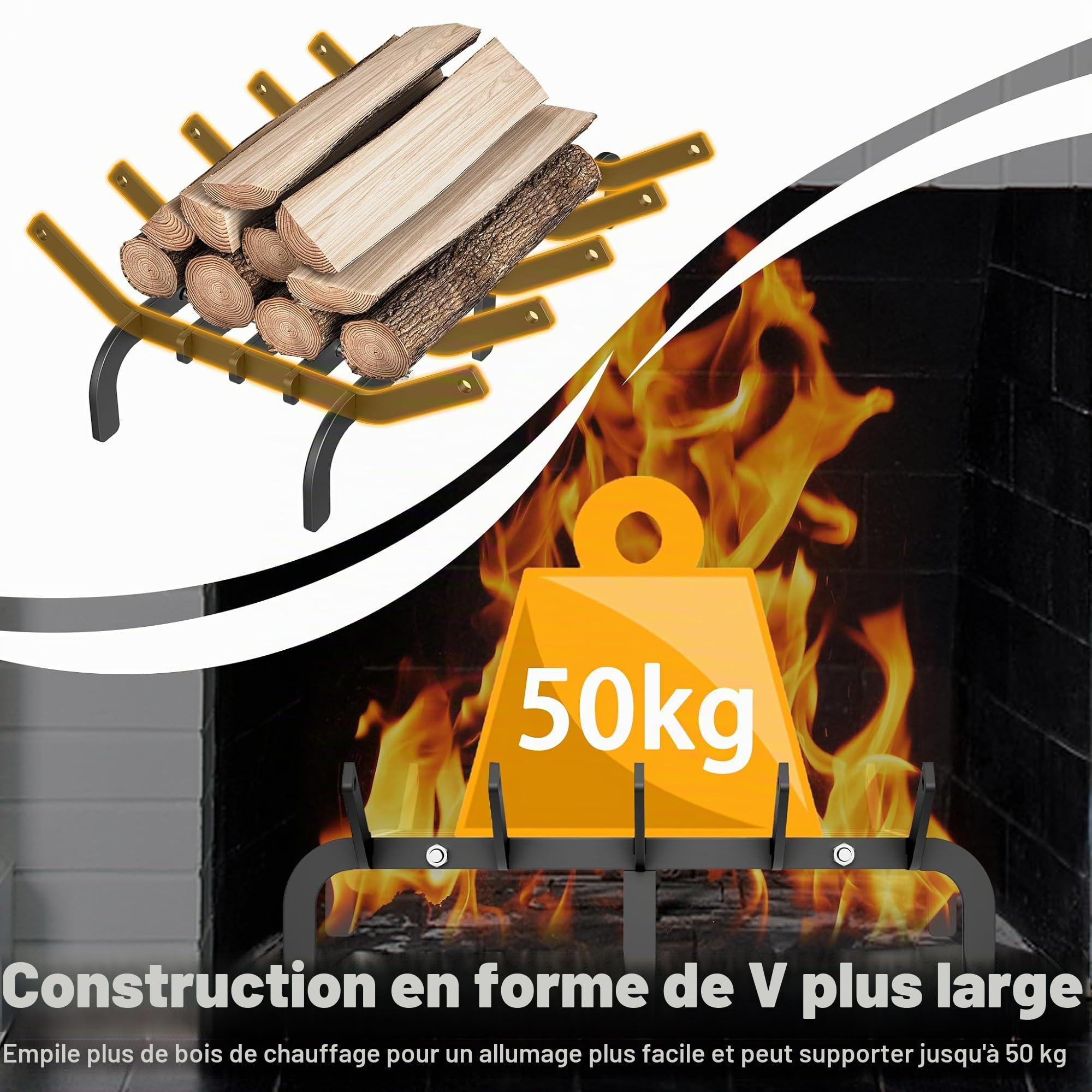 LZQ Rost à bois en acier à haute teneur en carbone pour cheminée, Rost à bois pour poêle à bois 41 x 31 x 11 cm, support à bois à combustion, rost à feu avec pieds, capacité de charge jusqu'à 50 kg