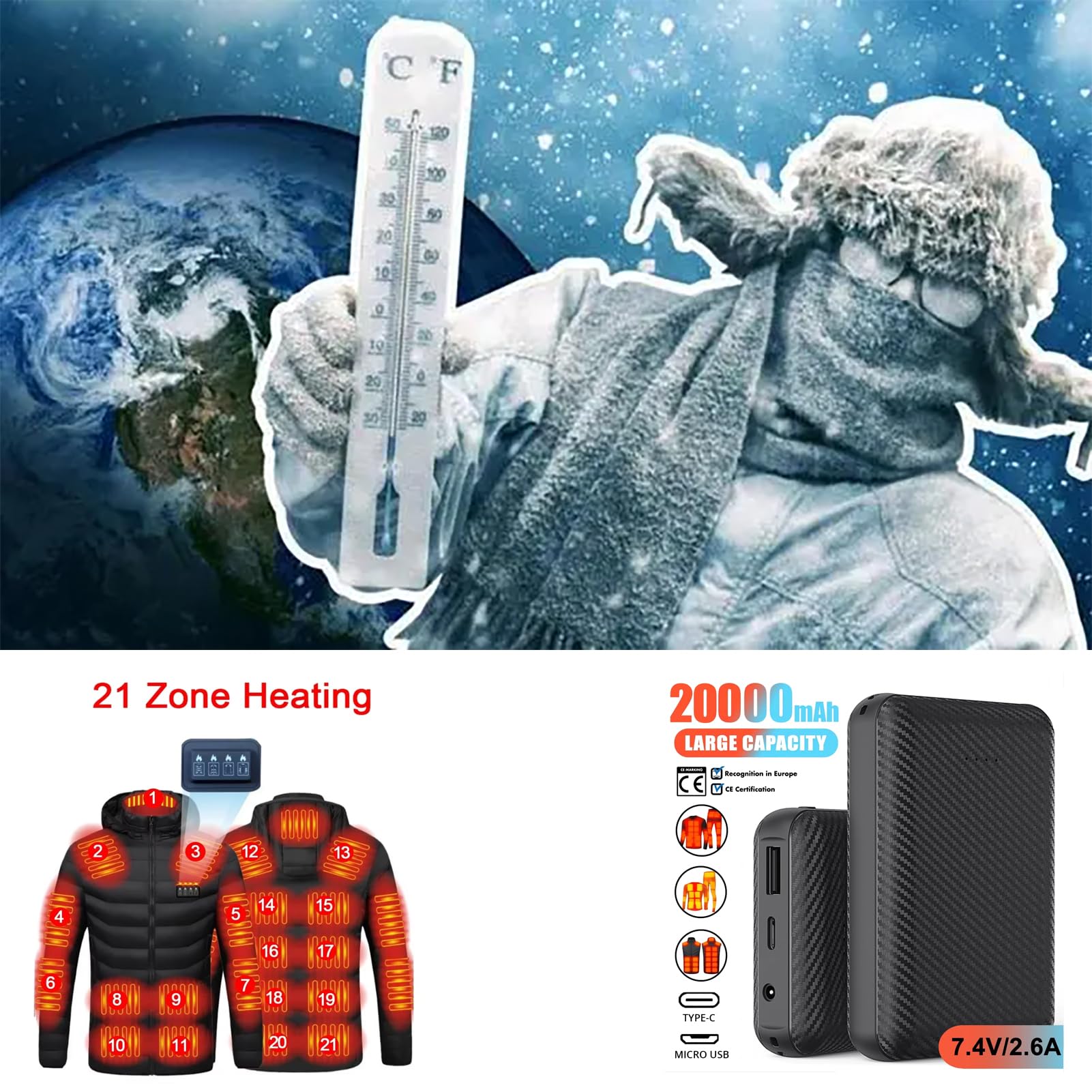 Kevis Men Jacket Heated Coat Electric Heating Vest 21 Areas Universal Outdoor Warm Thermal Parka Jackets, 1 Clothes+2 Batteries (XX-Large)