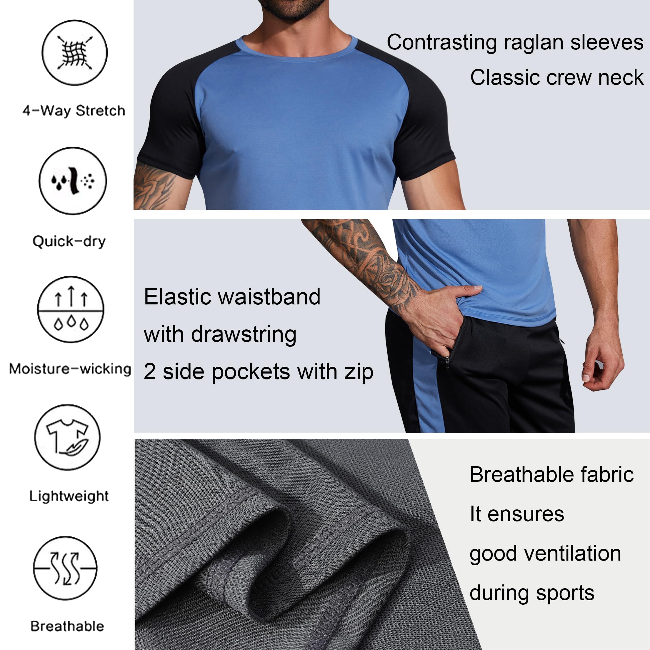 Wayleb Tuta Uomo Completa Set Tute Estiva T-shirt Collo Arrotondato e Pantaloncini, Set Sportivo Palestra da Abbigliamento Uomo Traspirante Tasche e Coulisse S-XXL