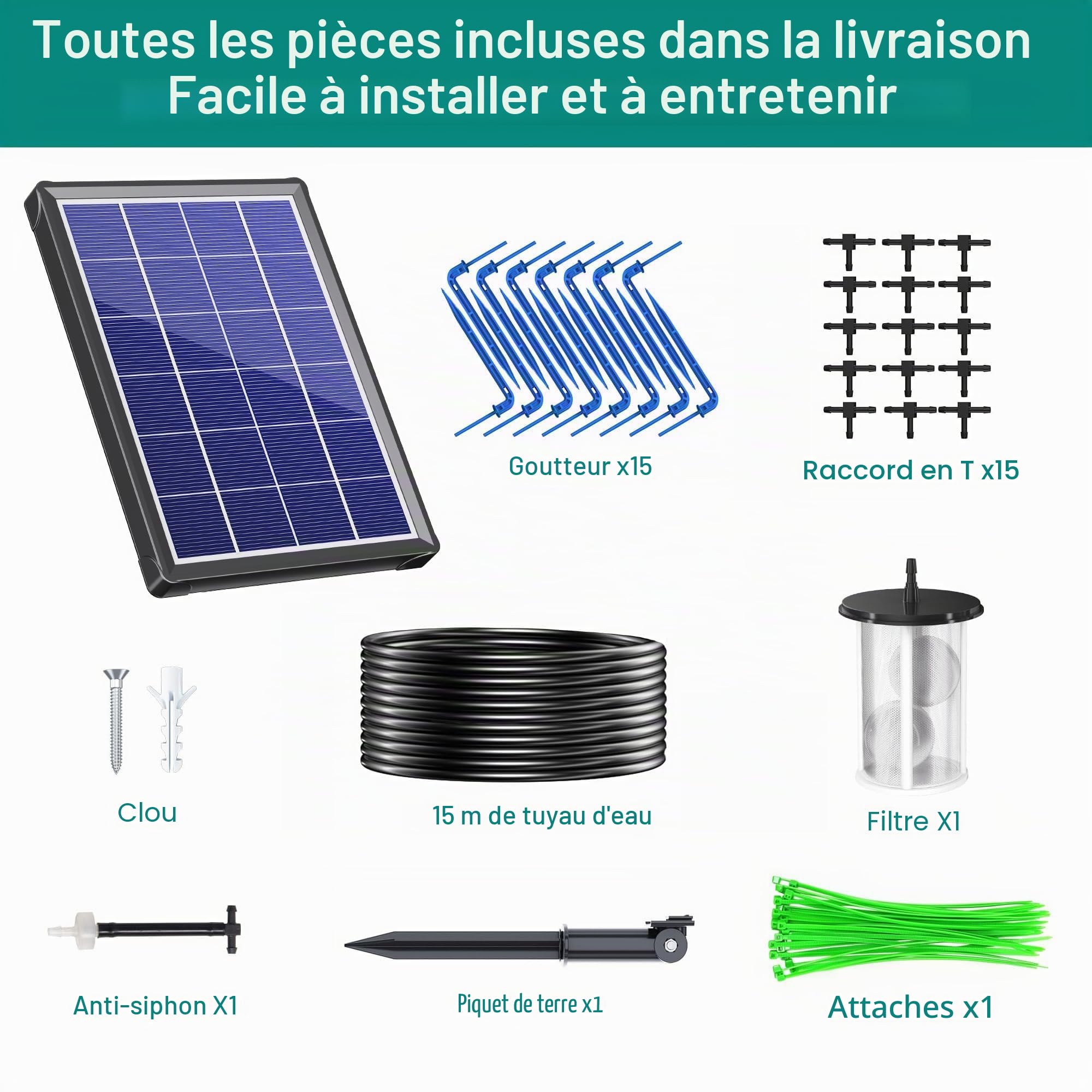 Biling Système d'irrigation solaire de jardin, irrigation automatique, 15 à 20 plantes en pot, avec panneau de 3,5 W, tuyau de 15 m, pour balcon, jardin, serre, irrigation de vacances, système