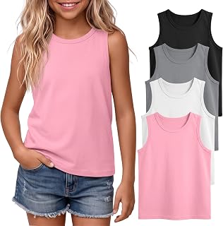 4 Pack Girls Athletic Loose Tank Tops 5-14Y | Teen Cute Undershirt, Kids Flowy Sleeveless Shirt, Crewneck Basic Tee, School Layering Top, Casual Workout Outfits, Multipack
