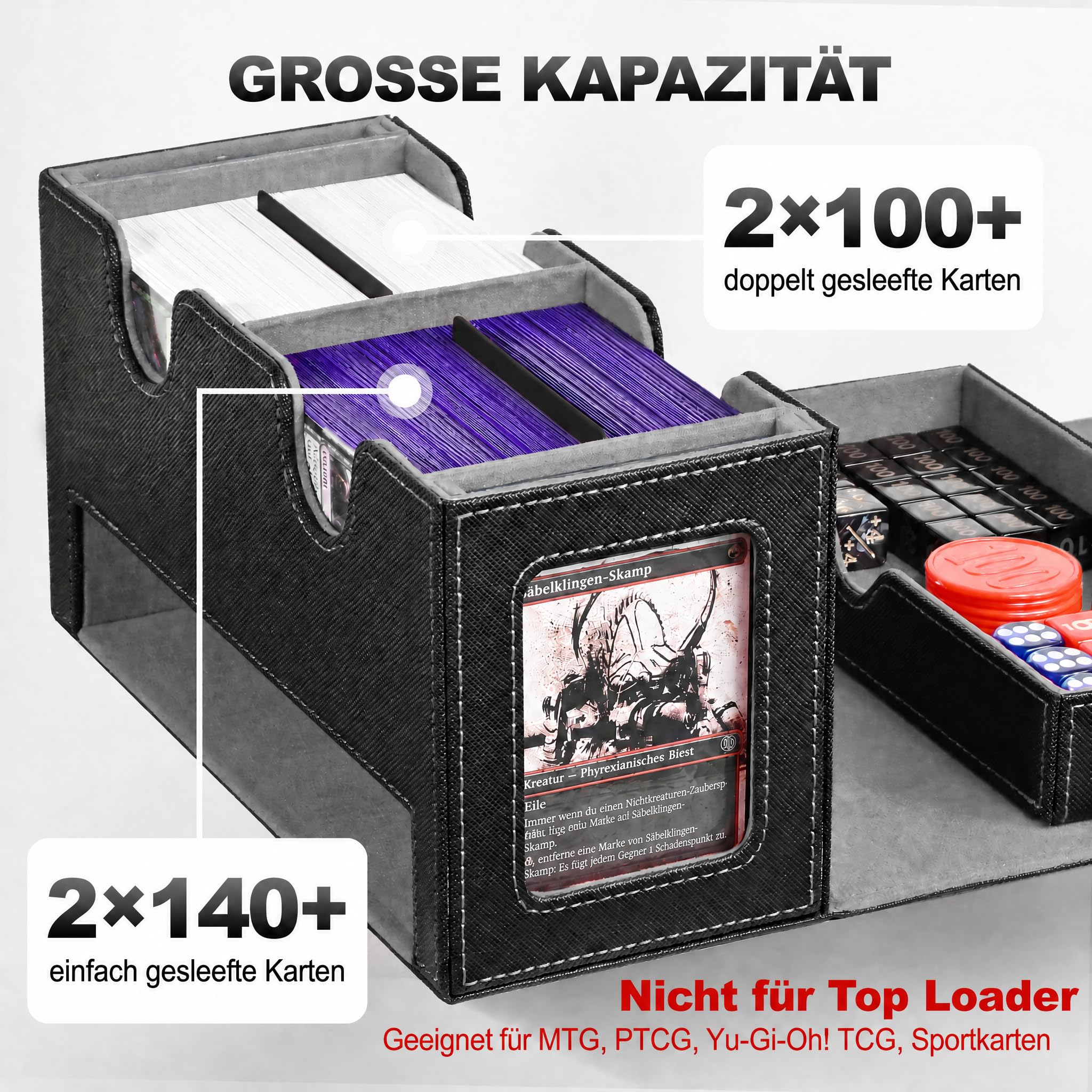 UAONO MTG Deck Box mit 2 Commander Display und Würfelablage, patentiertes Design, Doppeldeck-Box für 250+ einhüllige Karten, Leder-Magnetkarten-Aufbewahrungsbox passend für TCG CCG Magic Cards