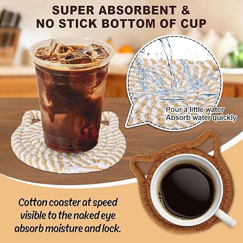 Miniatura 3 de Whaline Juego de posavasos con forma de oreja de gato, posavasos de algodón trenzados hechos a mano, antideslizantes, absorbentes, con soporte para