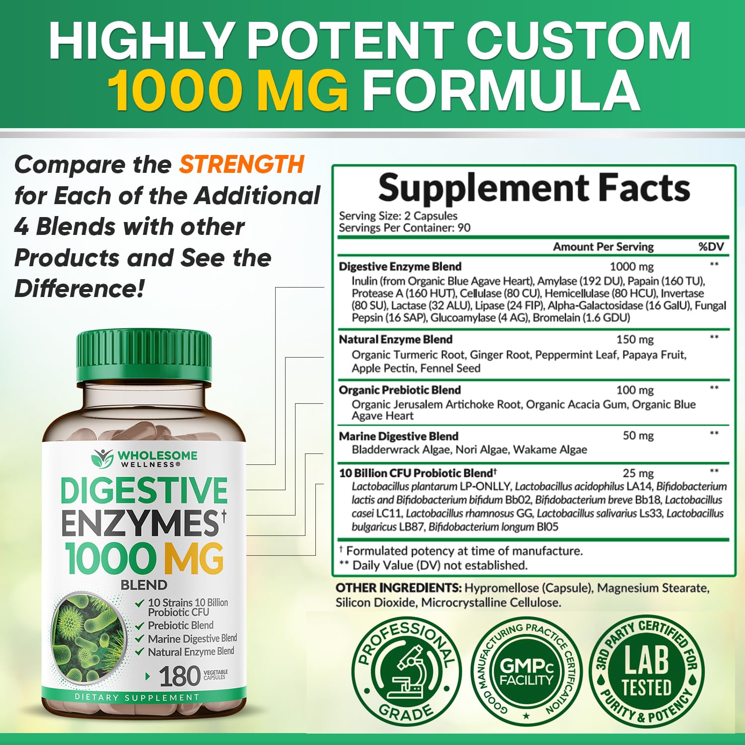 Wholesome Wellness Digestive Enzymes 1000MG Plus Prebiotics & Probiotics Supplement, 180 Capsules, Organic Plant-Based Vegan Formula for Digestion & Lactose with Amylase & Bromelain,3-6 Months Supply — Amazon image 4