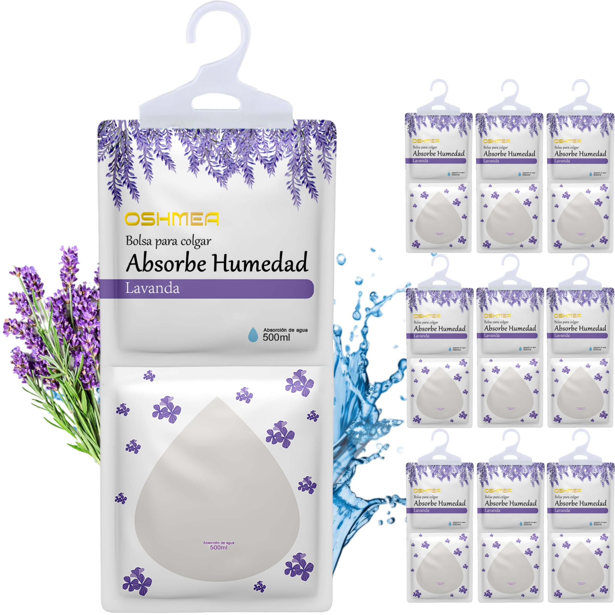 Pack 10 Bolsas Antihumedad PREMIUM de 500ML Función 2 EN 1 Deshumidificador Armario con Aroma Lavanda. Bolsas Absorbentes de Humedad y Condensación. Quita Moho y Olores en Armarios, Ropa, Casa