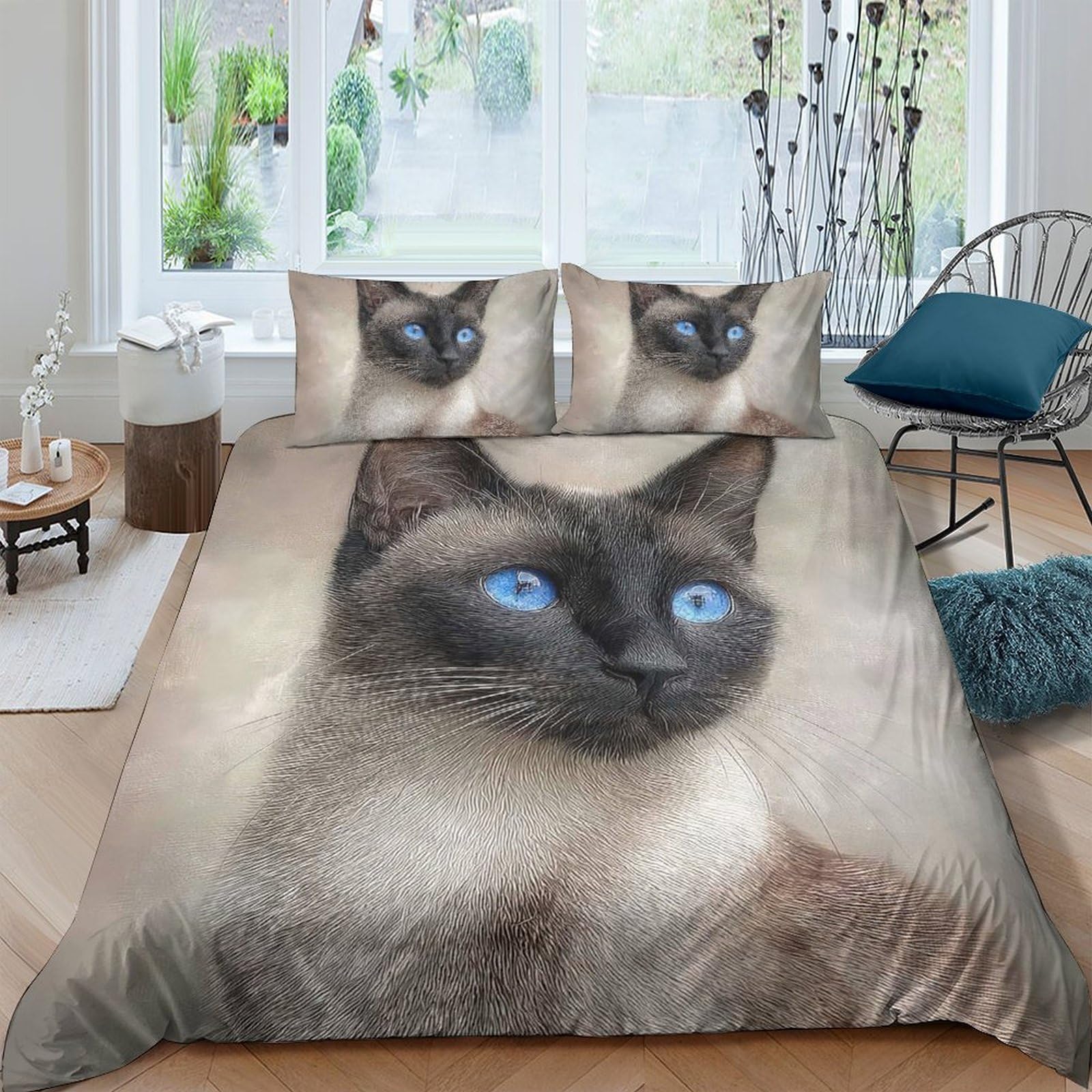 Ctjqhvkz Style-8 3D Printed Siamese Cat Fitted Sheet Microfiber Soft Breathable Blue Eyes Mattress Cover Bedroom Decor For Home Guest Room Single（135X200cm）