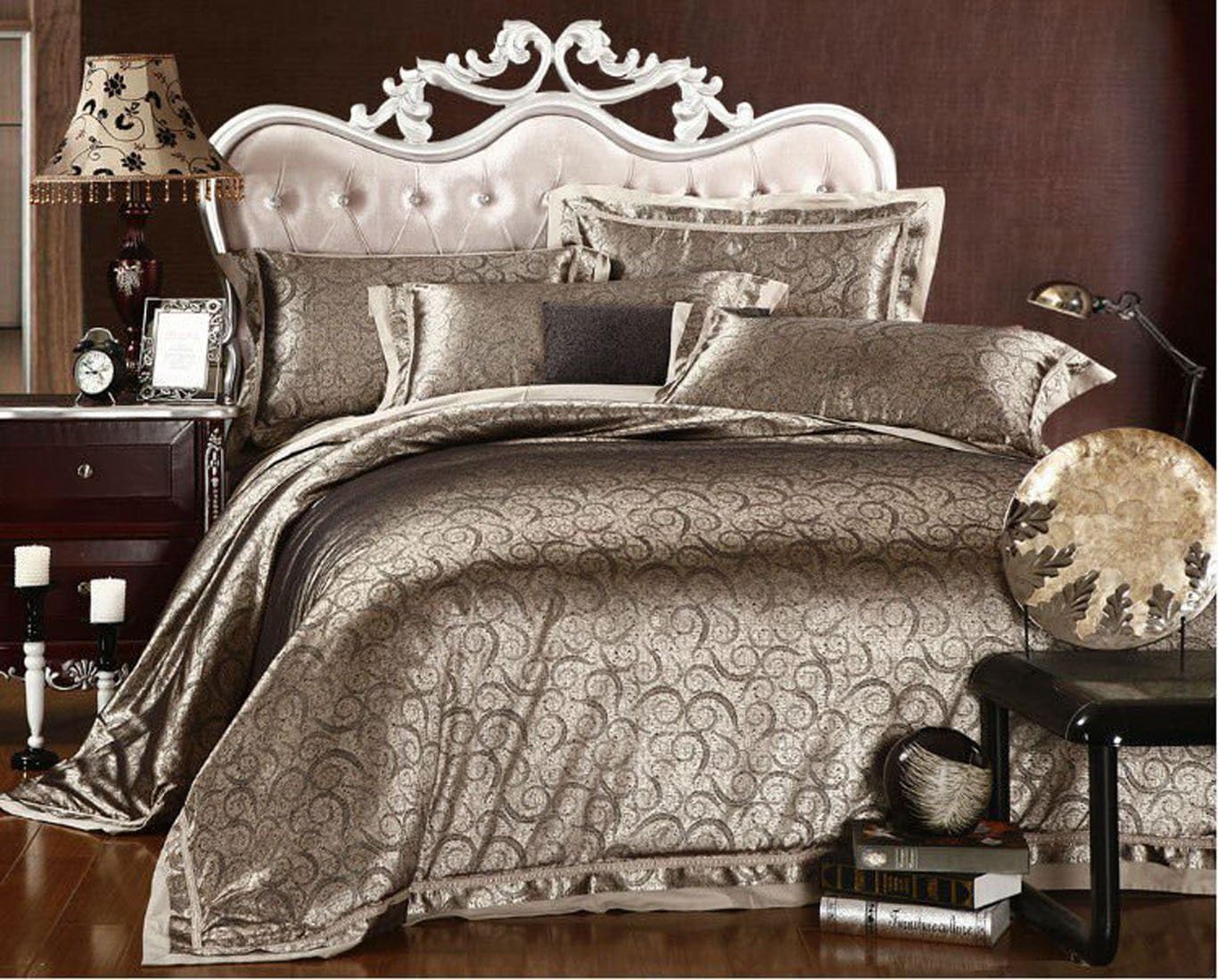 Silk(2) Bedding Set Queen King Size 4pcs Noble Luxury Bed Set Linen Tribute Silk Satin Duvet Cover Sheet Bedclothes (Queen)
