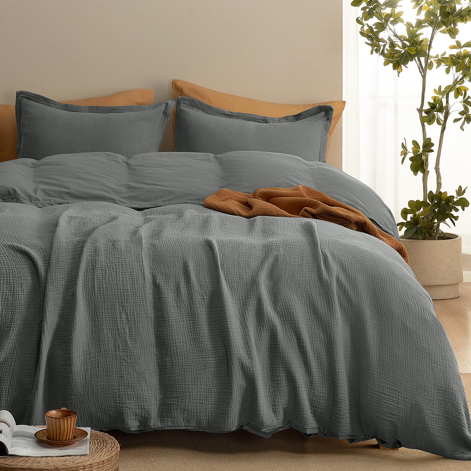 phf 100% cotton muslin duvet cover queen size, 3-layer guaze ultra soft breathable textured linen like, 3pcs bedding comforter cover set for all season, duvet set with 2 pillow shams, 90"x90", grey