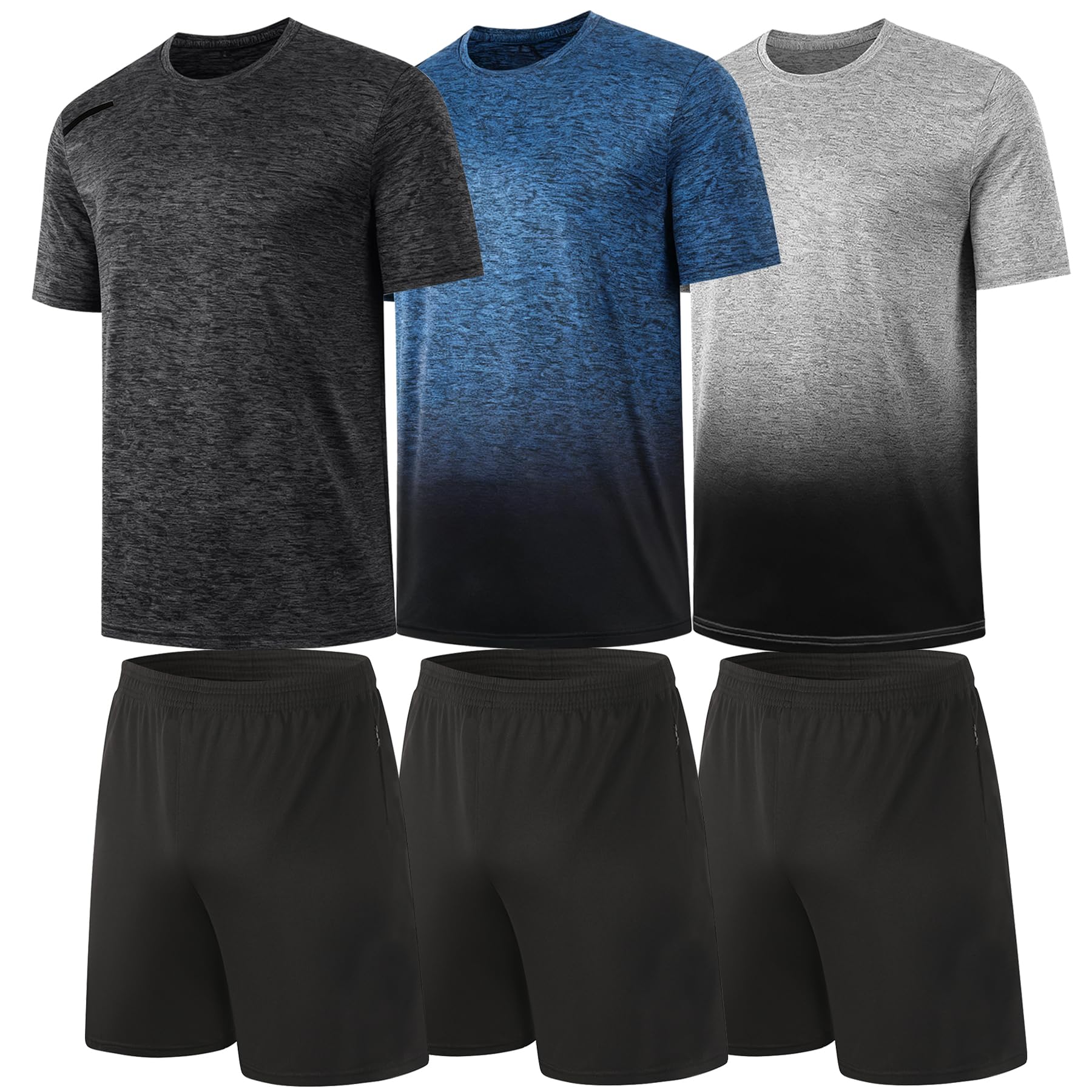 BUYJYA 3 Pack Mens Gym Shorts Shirt Set Workout Athletic Basketball Running Football Elastic Waist with Pocket Gifts