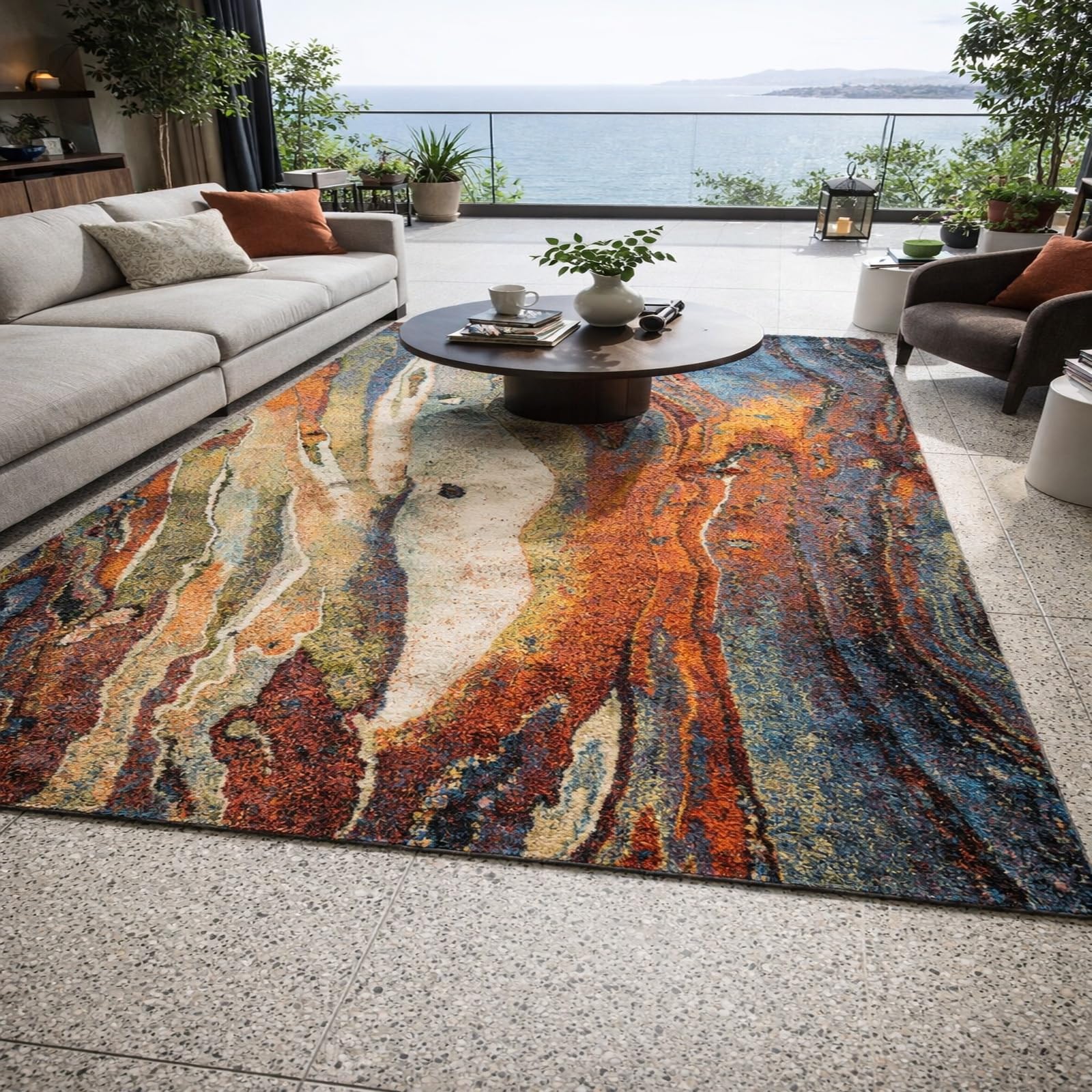 Tapis de salon abstrait terracotta et bleu 120x200 cm à poils ras