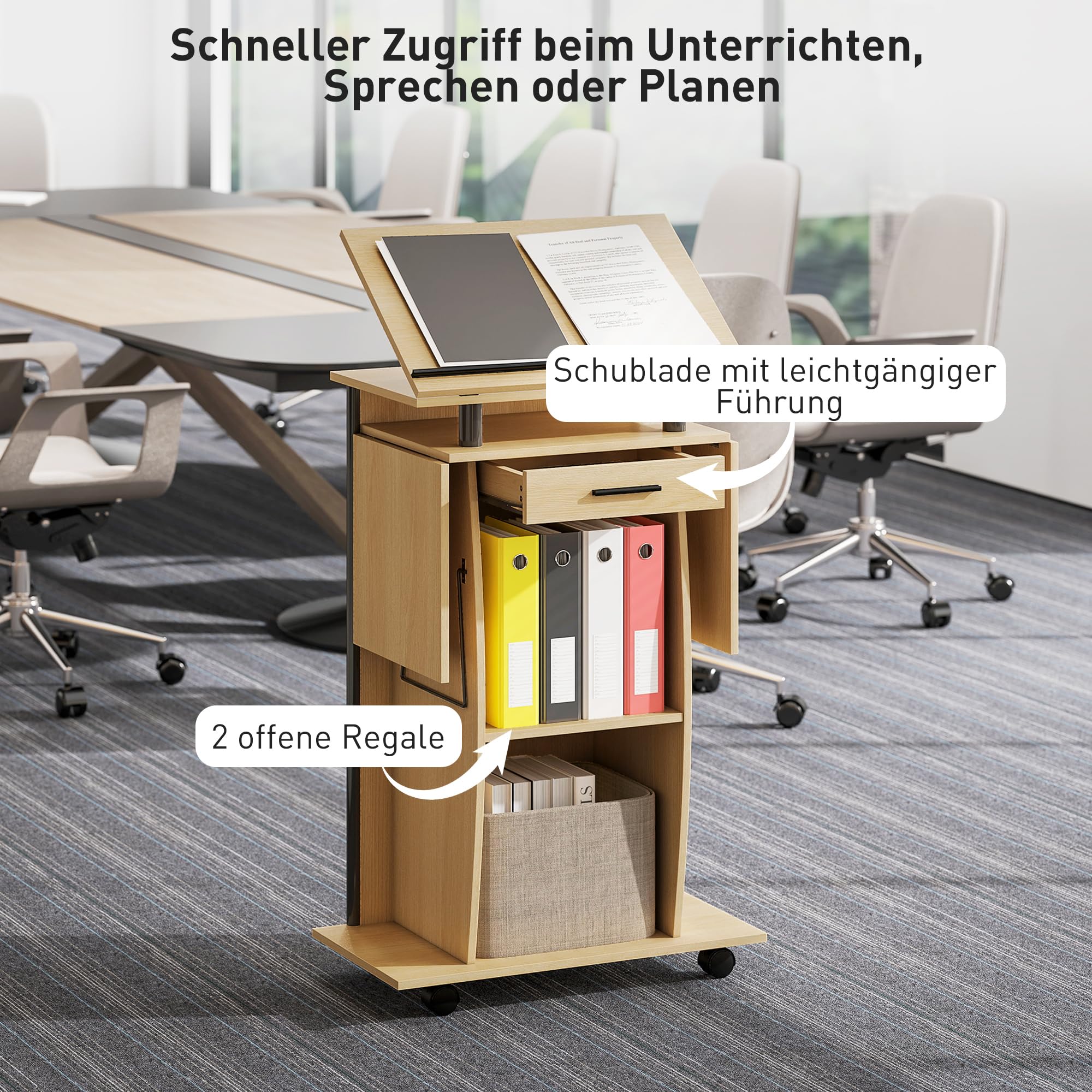 HOMCOM Rednerpult Podium mit Rädern, klappbaren Seitenflügeln, neigbarem Laptopständer, Podiumständer mit Schublade, Regal Stehpult für Kirche, Vortrag, Klassenzimmer Eiche 126 x 37 x 136 cm