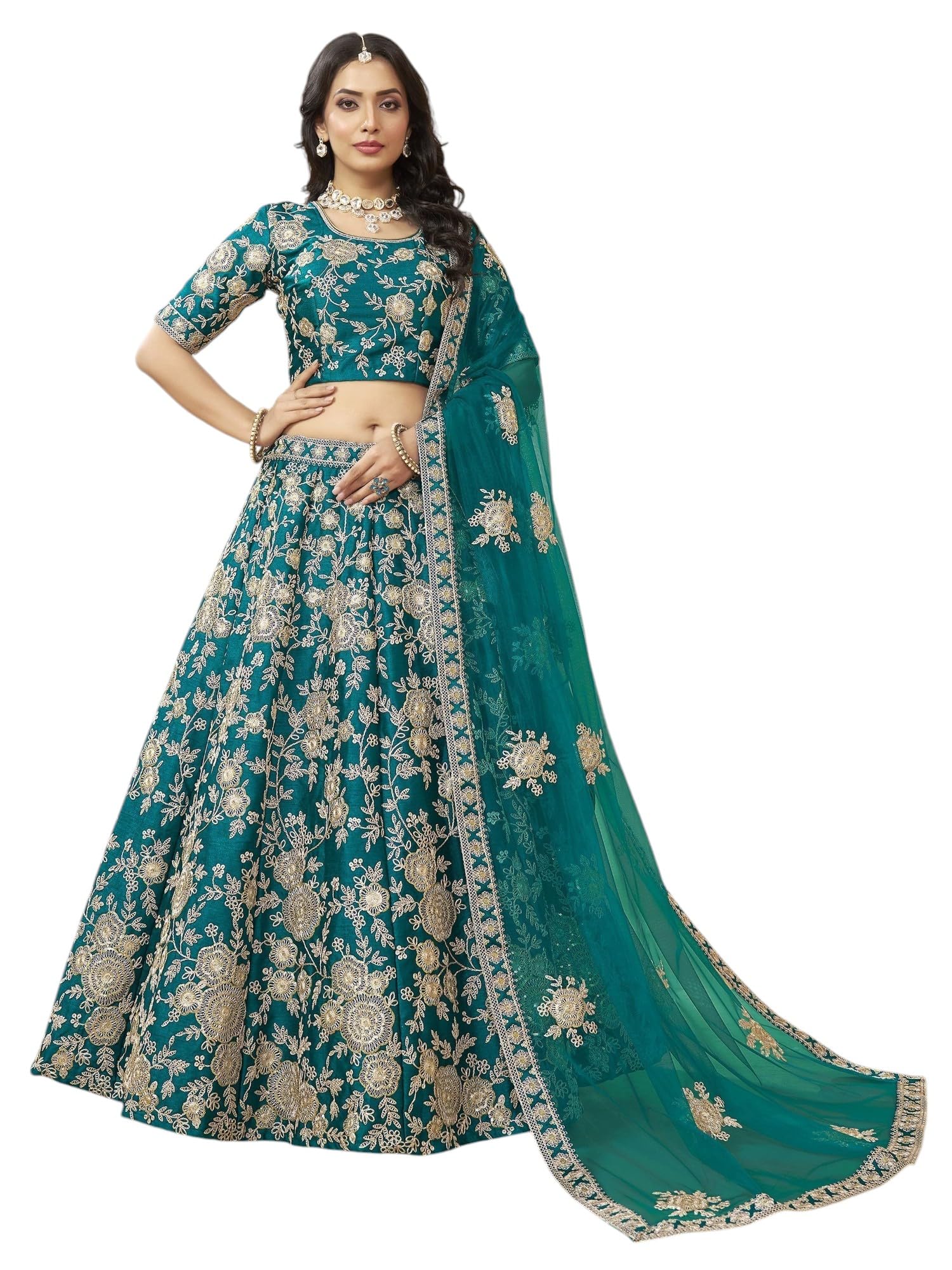 zeel clothing Women's Dori With Sequins Embroidered Work Slub Silk Designer Lehenga Choli with Dupatta (7099-Teal-Womens-Lehenga-Choli-Latest; Free Size) (Teal)-picture-14