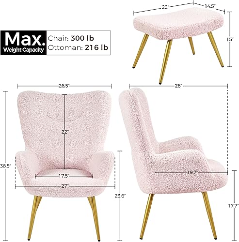 Miniatura 2 de Yaheetech Silla decorativa con otomana, sillón de tela Boucle, silla de tocador moderna y acogedora con patas doradas para sala de estar, salón,