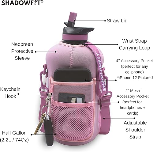 Miniatura 9 de Botellas de agua de medio galón (74 onzas, 2.2 litros) con mango de tapa de popote y funda de almacenamiento, soporte grande para jarra con correa
