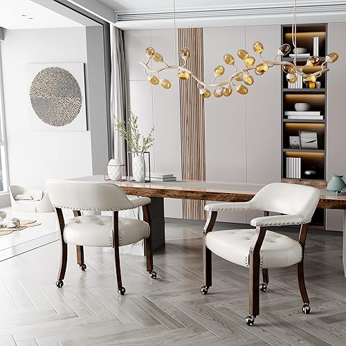 Miniatura 4 de LEEMTORIG Sillas de comedor con ruedas y brazos, sillas de comedor con ruedas, sillas de mesa de póquer de acento, sillas de madera maciza para