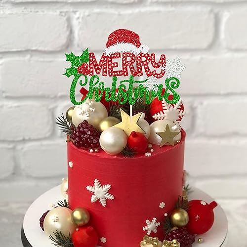 Vista 63 de Rsstarxi 1 paquete de decoración de pastel de Navidad con purpurina verde y rojo hojas de acebo y bayas, sombrero de Papá Noel, barba, decoración