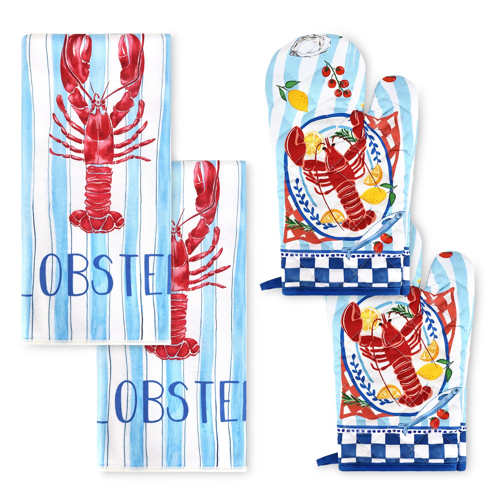 Arquiel Lobster Kitchen Towels and Oven Mitts Sets 4Pcs, Soft Absorbent Dish Cloth Heat Resistant Kitchen Gloves for Cooking Baking Decoration, Housewarming Gifts for Mom