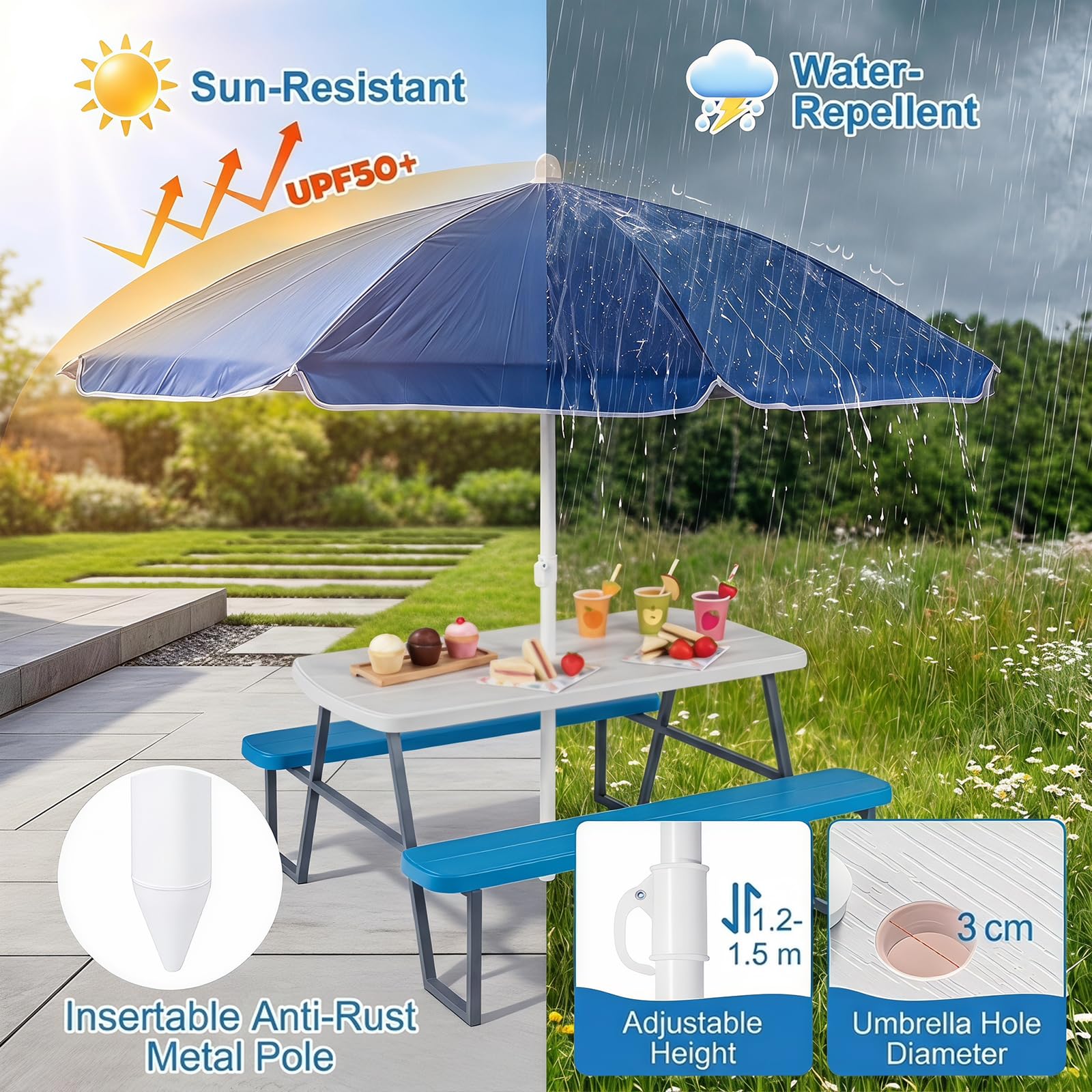 LIFEZEAL Tavolo da Picnic per Bambini con Ombrellone Pieghevole, Regolabile | Set Tavolo e Sedie per Bambini 3-8 Anni, 1 Tavolino e 2 Panche per Giardino, Terrazzo, Campeggio, Cameretta e Cortile