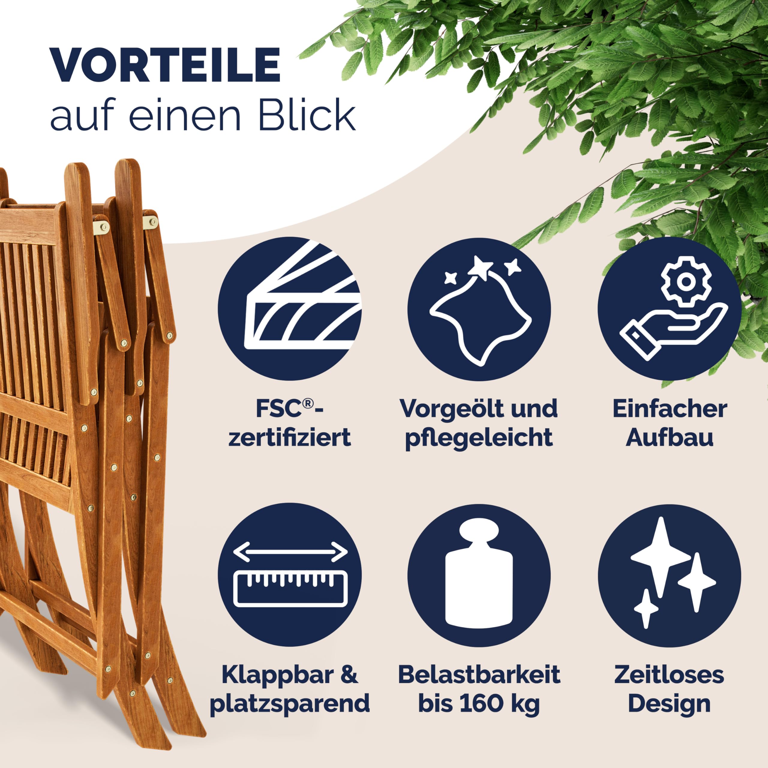 Casaria® Balkonmöbel Set 2 Personen Wetterfest Holz FSC®-zertifizierte Stühle Klappbar 160kg Belastbar Balkon Garten Terrassenmöbel Möbel 3-TLG. Akazie