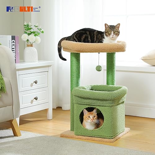 Miniatura 46 de PEQULTI Torre de árbol para gatos de interior con condominio privado acogedor para gatos, postes rascadores de sisal natural y pompón de felpa