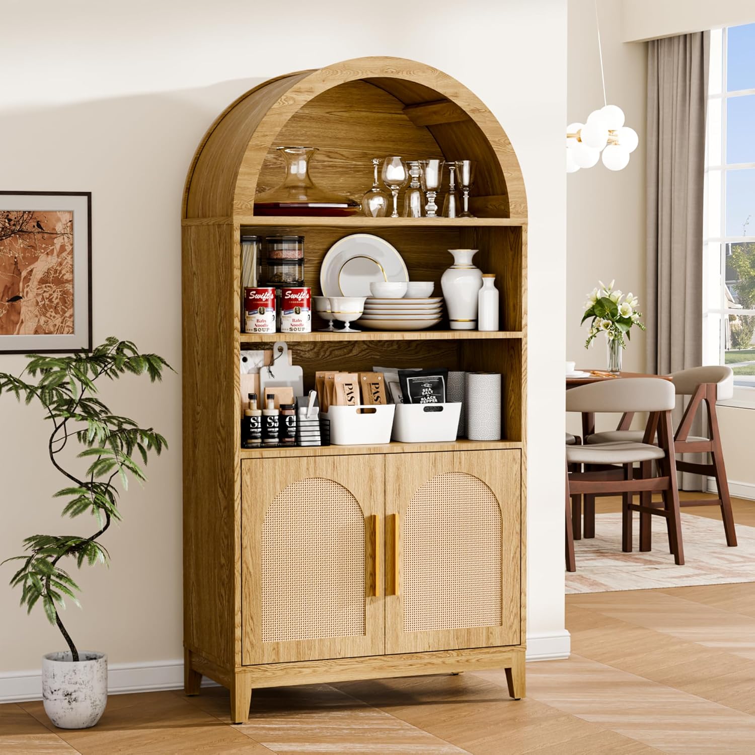 63" Tall Arched Pantry Cabinet with Doors, 5-Tier Arched Bookcase with Adjustable Shelves, Wood Storage Cabinet for Kitchen, Living Room, Office, Natural Oak