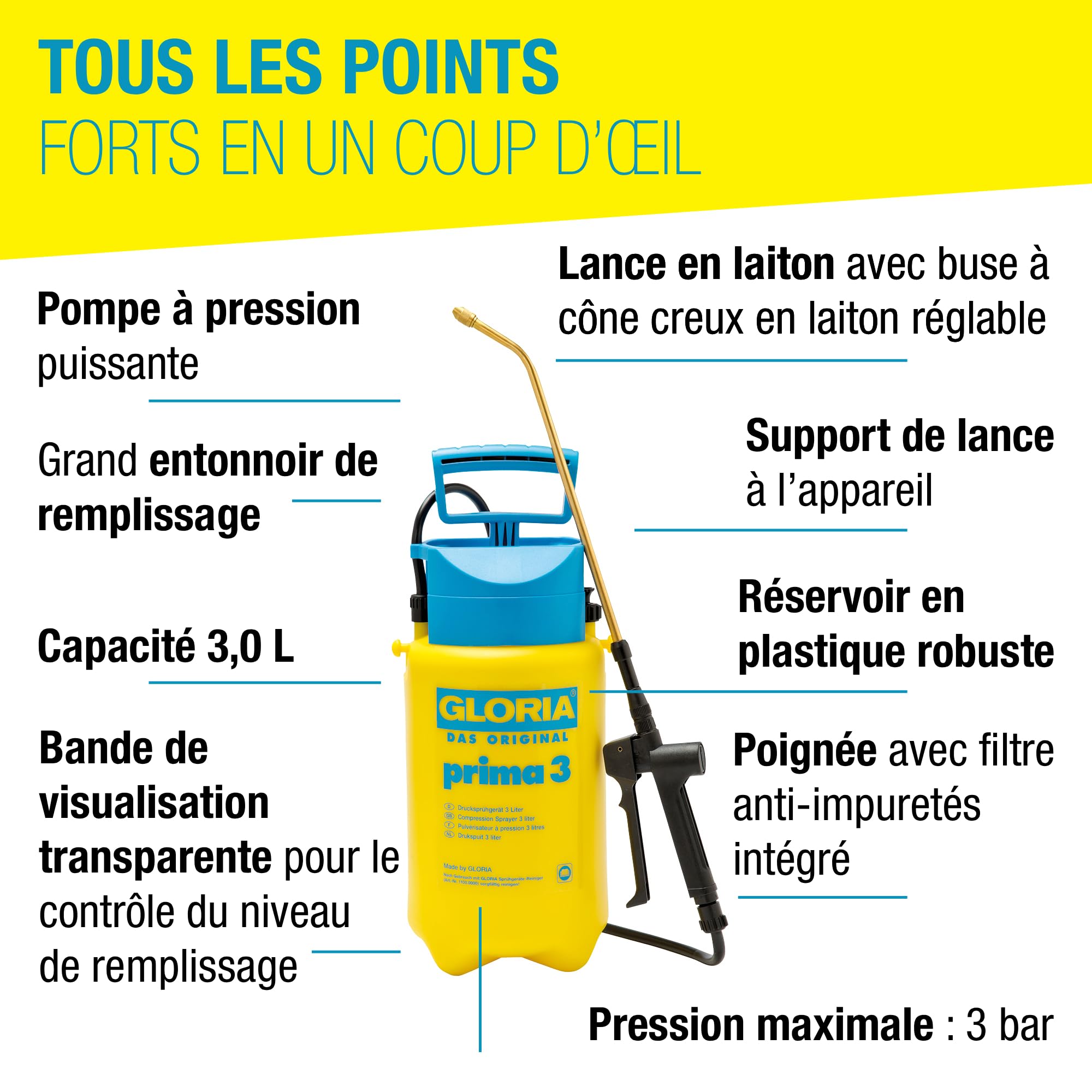 GLORIA Pulvérisateur de Jardin Prima 3 | Pulvérisateur à Pression 3L Compact et léger | Buse en Laiton réglable pour Soin des Plantes & désherbage sur Balcon et Petits Jardins