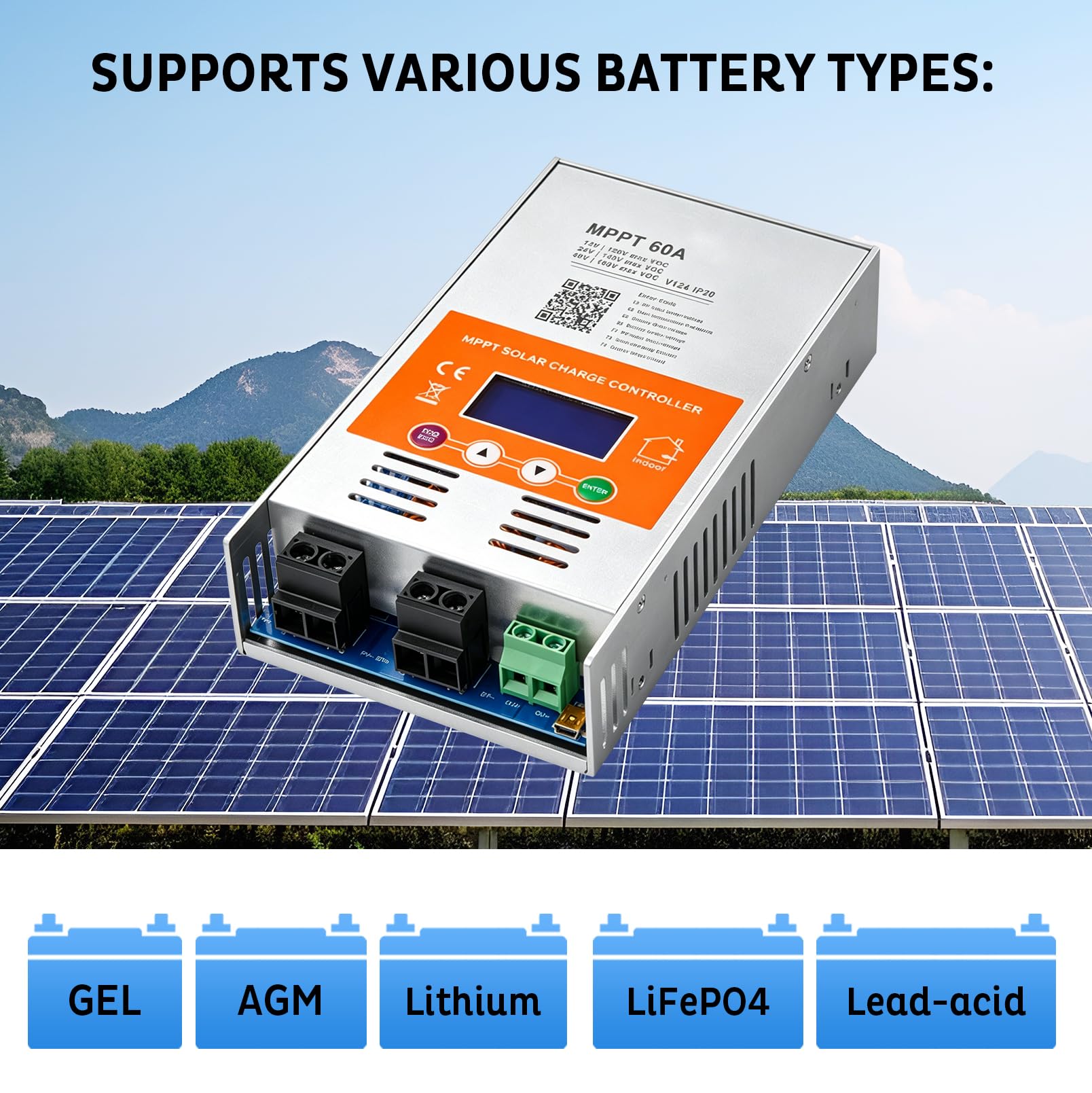 MPPT Laderegler Solar 60A 12V/24V/48V Auto, Solarregler mit LCD-Anzeige, Max PV Leerlaufspannung 160V, Eingebauter WiFi Adapter APP Fernsteuerung, ohne Batterie