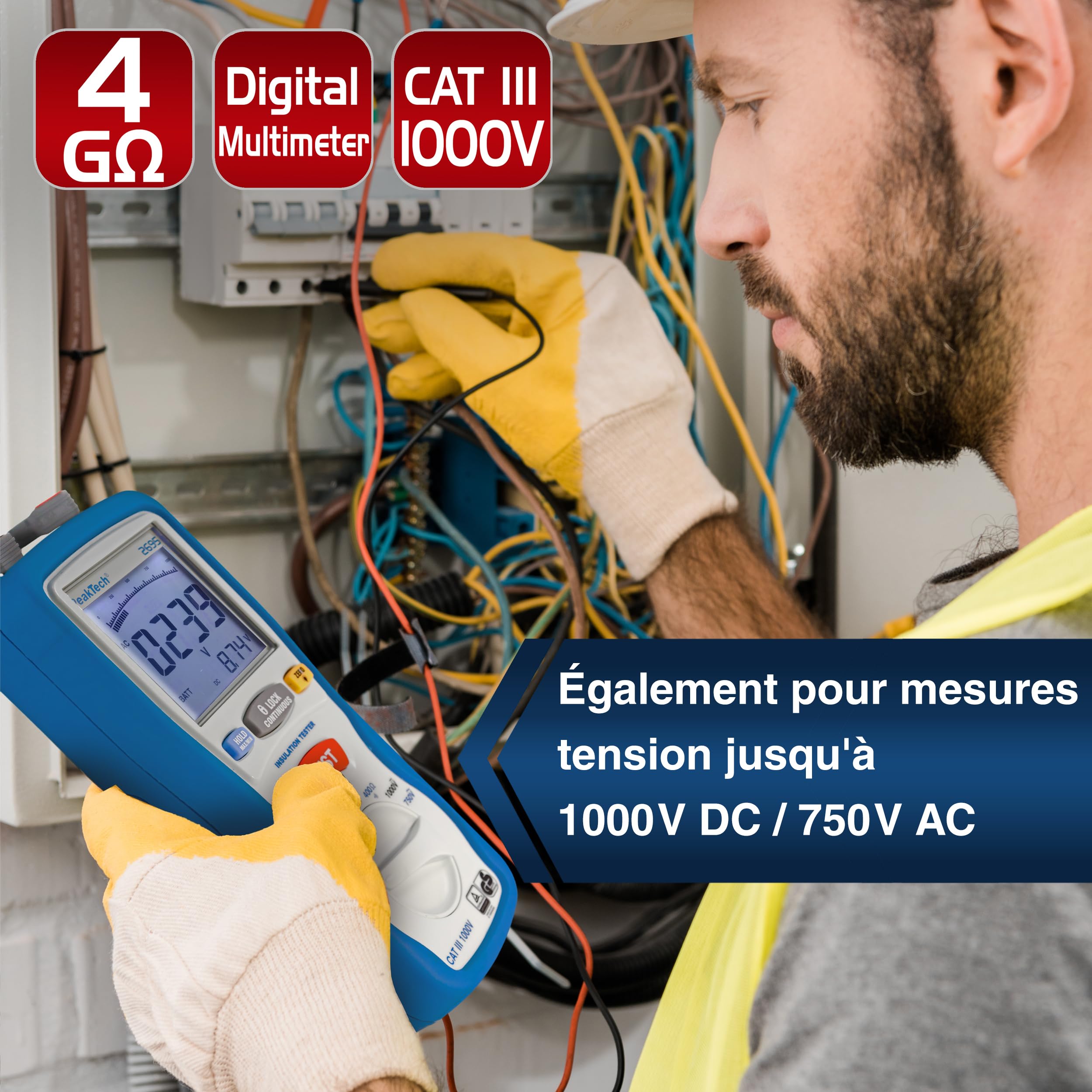 PeakTech 2695 - Testeur d'Isolation Électrique, Voltmètre, Testeur de Continuité, Circuits et Fusibles, Fonctions Min/Max et Data-Hold, TÜV/GS - 125V, 250V, 500V, 1000V