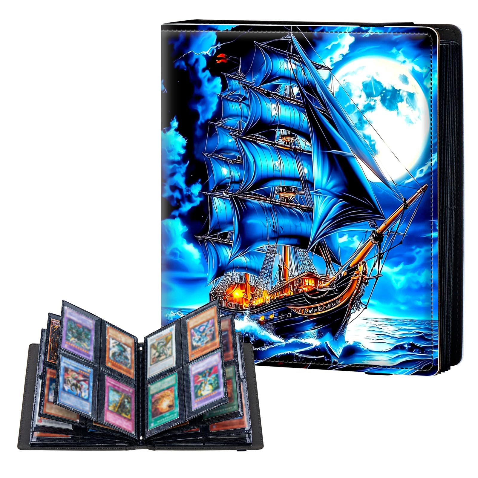 ETLKJVBL 4 Pocket Trading Card Binder, Card Collection Binder for TCG, MTG, Sports Cards, Baseball, Sailing Ship with Blue Sails Trading Card Book Holder for Collectors, Top Loader Binder
