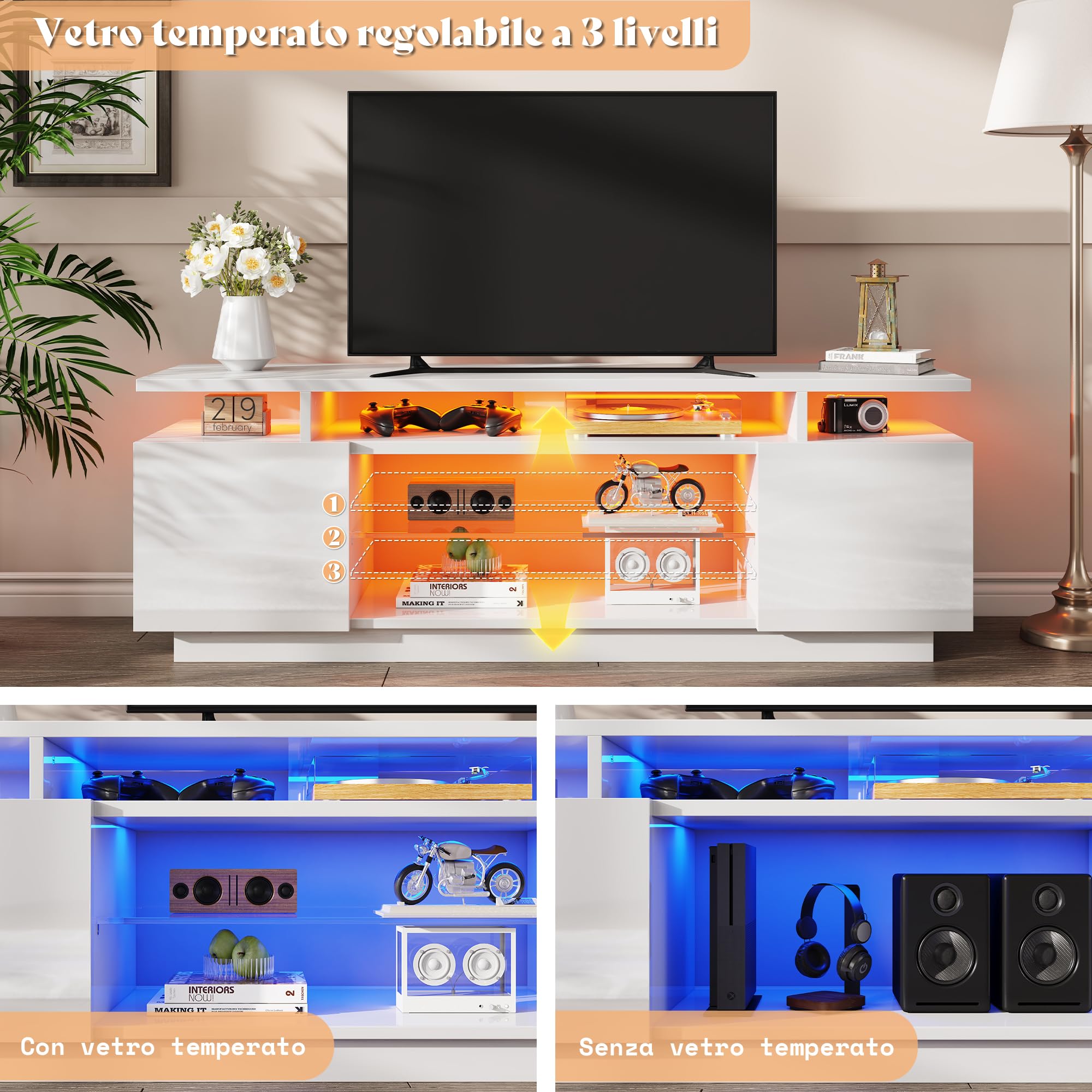 LUXOAK TV-Schrank mit LED Beleuchtung, für Fernseher bis 75 Zoll, Hochglanz TV Board mit großem Stauraum, 2 Türen & Glasablage, Fernsehtisch für Wohnzimmer Schlafzimmer, Weiß