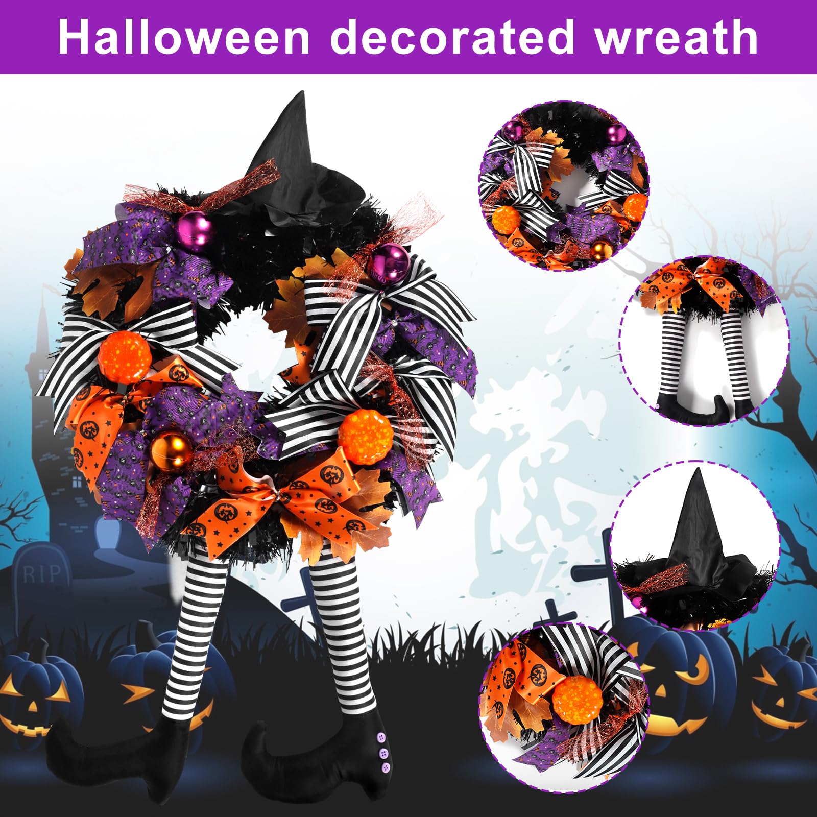Halloweenowy Wieniec na Drzwi z Nogą Czarownicy, Strasznym Kapeluszem Wiedźmy i Dynią - Dekoracja na Halloween, Podwórko, Werandę, Okna