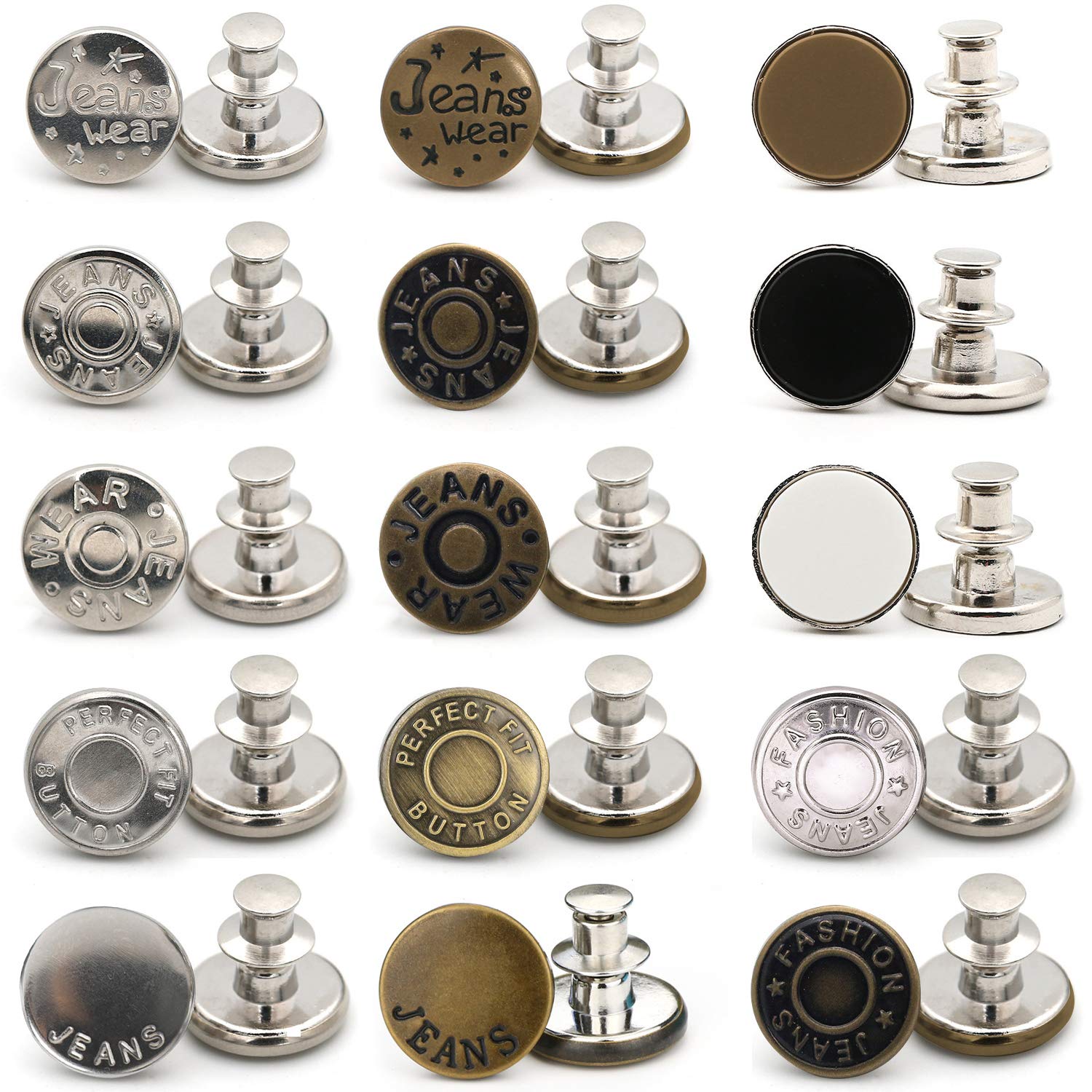 OBSCYON 30Pcs 17mm Metal Copper Replacement Jean Buttons Easy Adjustable Detachable No Sew Instant Button, 15 Patterns