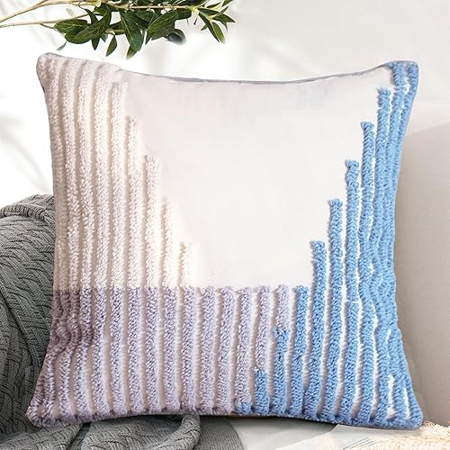 Fundas de almohada decorativas de estilo bohemio azul de 18 x 18 pulgadas, fundas de almohada modernas a rayas copetudas, fundas de almohada