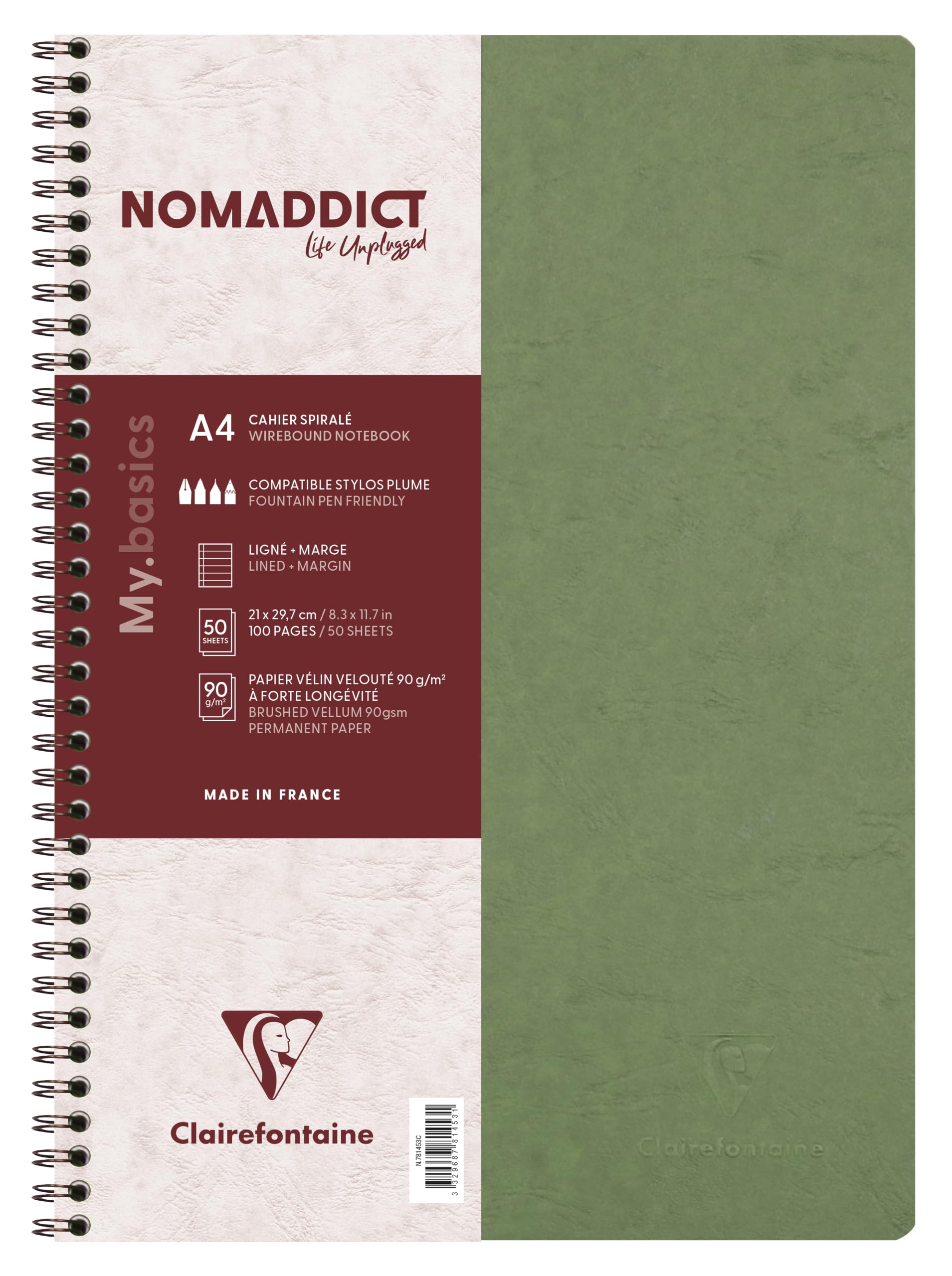 Clairefontaine 781453C Age Bag Collection A Green Spiral Notebook - A4 21x29.7 cm - 100 Lined Pages with Margin - White Paper 90 g - Glossy Card Cover Leather Grain