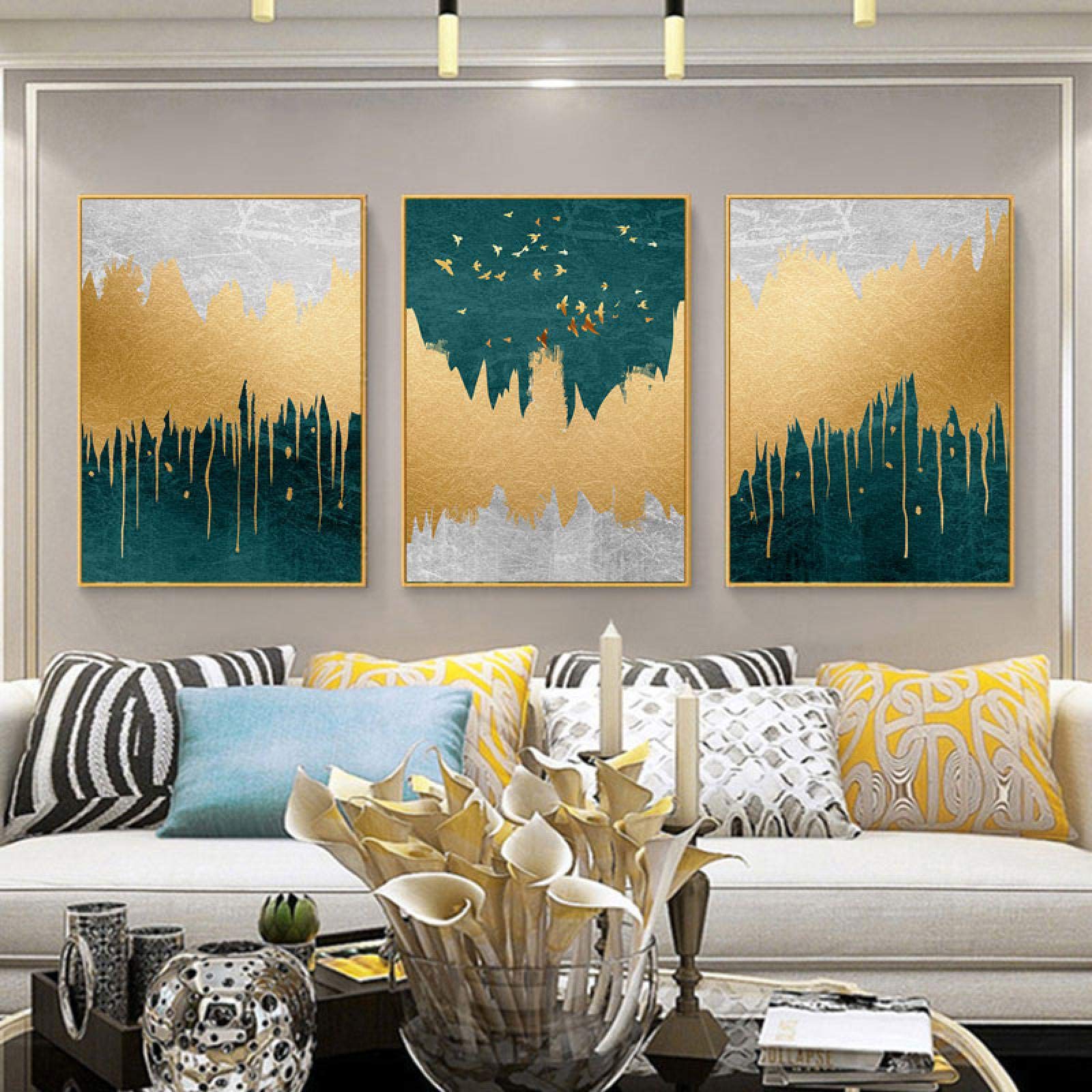Cuadros decorativos de la sala de estar del paisaje abstracto moderno Pinturas doradas verdes Carteles de la lona Carteles del arte de la pared Impresión de la lona 40x60cm (16x24in) x3 Marco interior